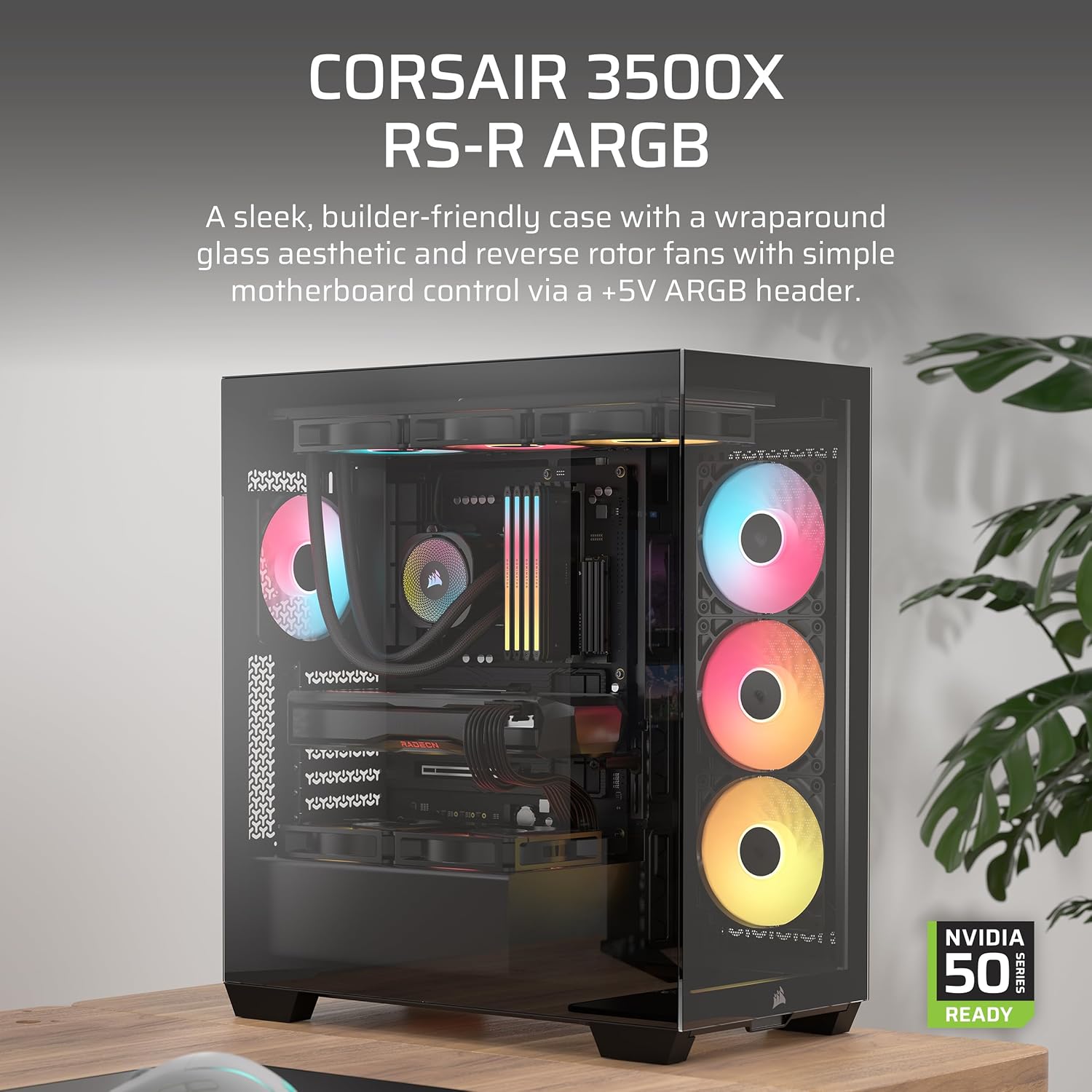 Thumbnail 1 de CORSAIR 3500X RS-R ARGB panoramic mid-tower PC case with 3x pre-installed RS120-R ARGB fans (reverse connection compatible) – Black