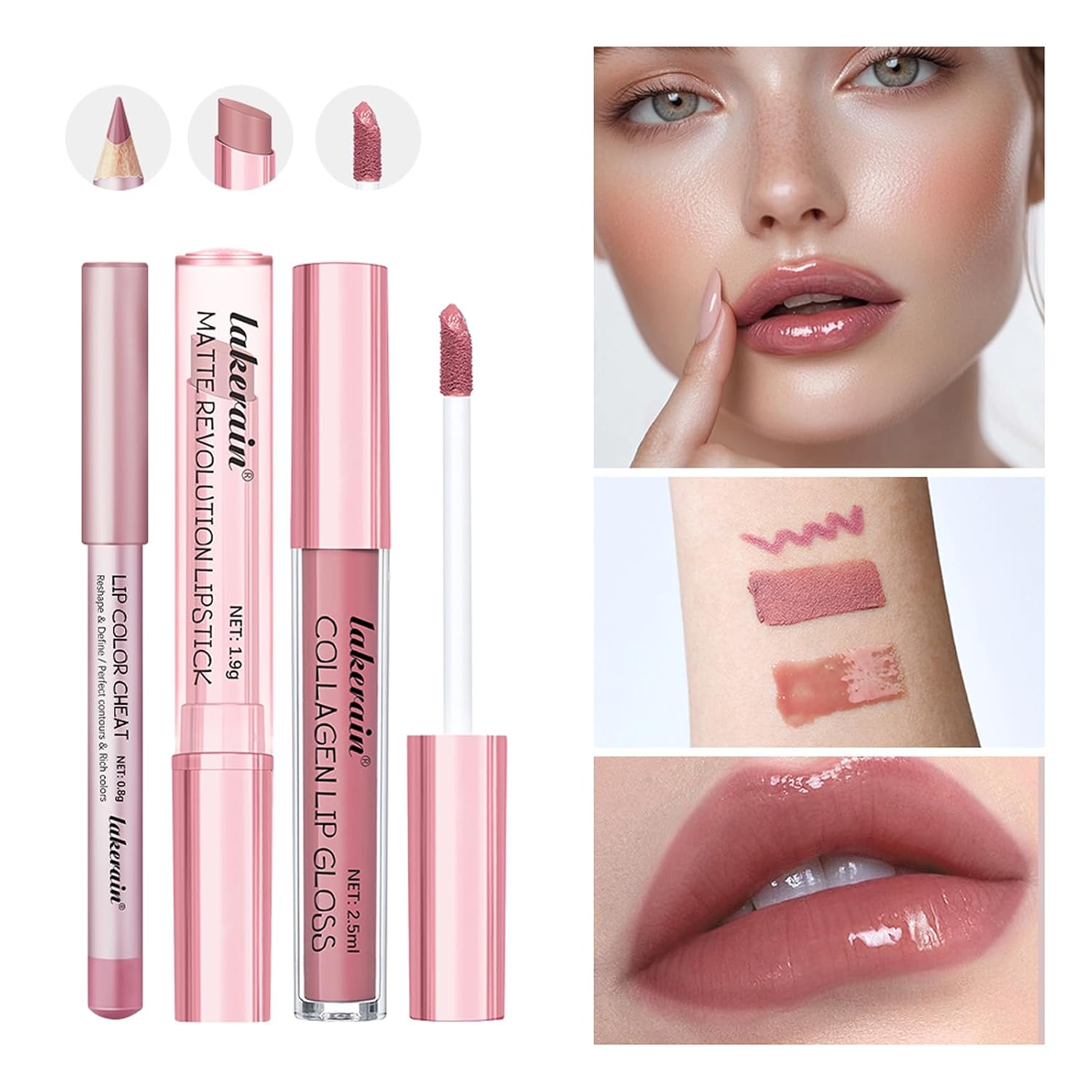 Detalle de 3-Piece Nude Pink Lip Set with Lip Liner, Velvet Matte Lipstick & Collagen Gloss
