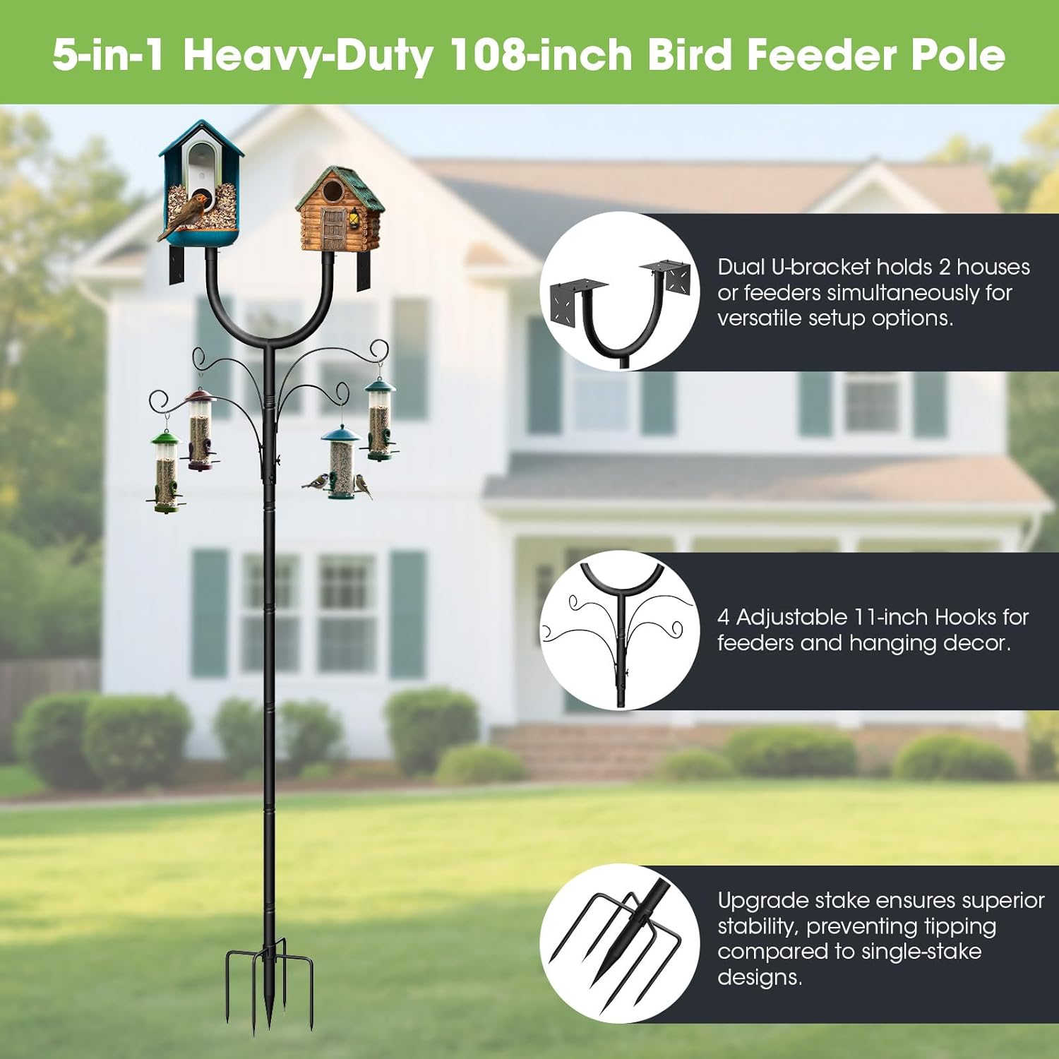Thumbnail 2 de MQHUAYU Adjustable Bird Feeder Pole (47–108 inch) with 5-Prong Ground Stake and Squirrel Baffle