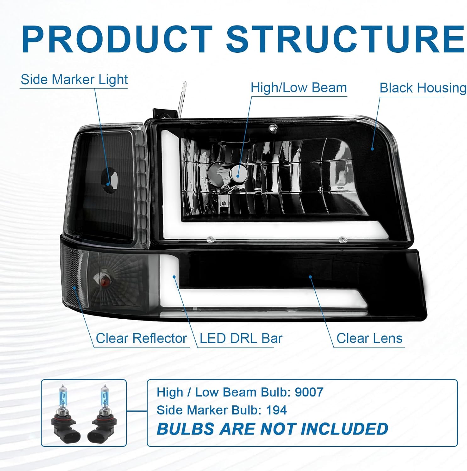 Thumbnail 2 de Fullux LED DRL Headlights for 1992-1996 Ford F-Series and Bronco (Clear Lens, Black Housing) Replacement Pair