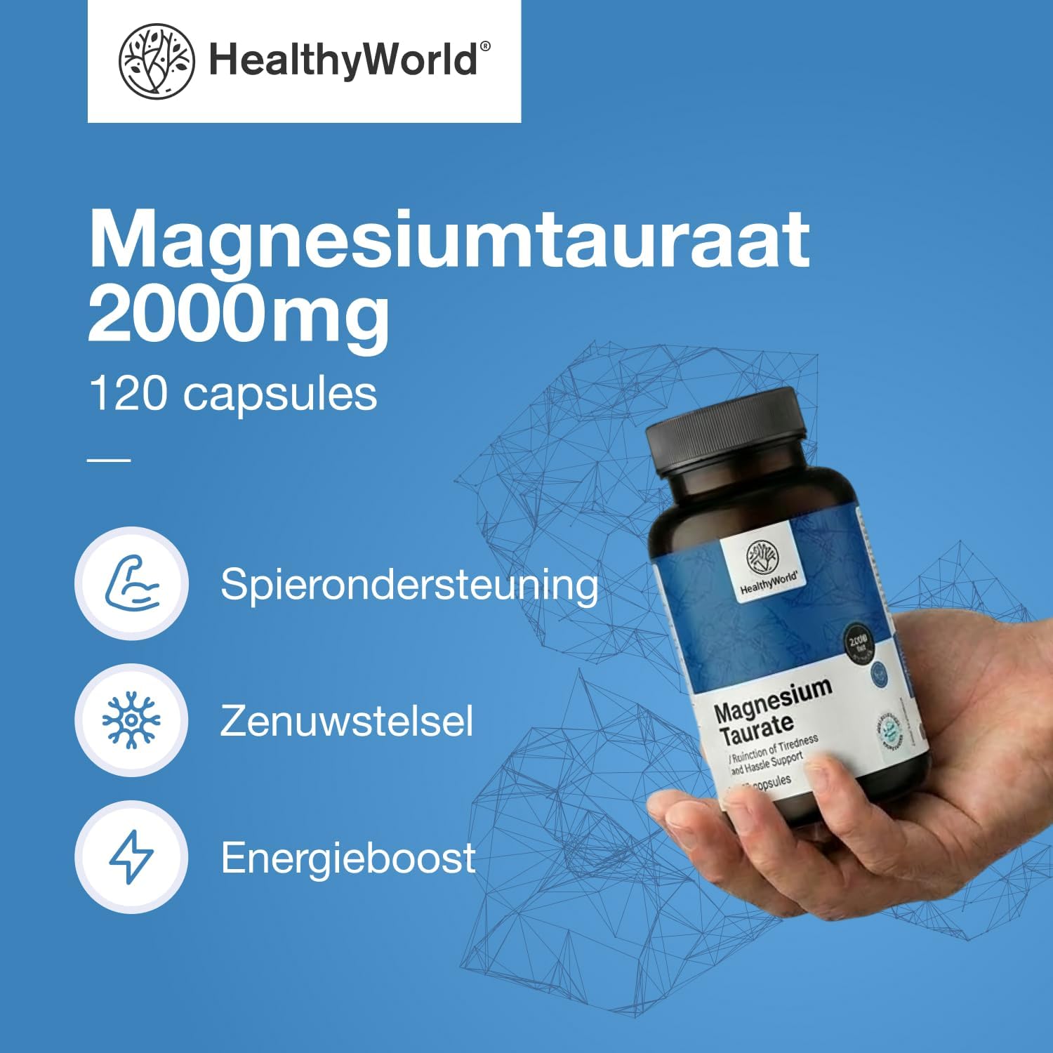 Detalle 2 de HealthyWorld Magnesiumtauraat 2000 mg, 120 plantaardige capsules met taurine