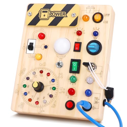 Detalle de Hoarosall Busy Board: Tablero de Actividades Montessori de Madera con 10 Interruptores y 23 LEDs