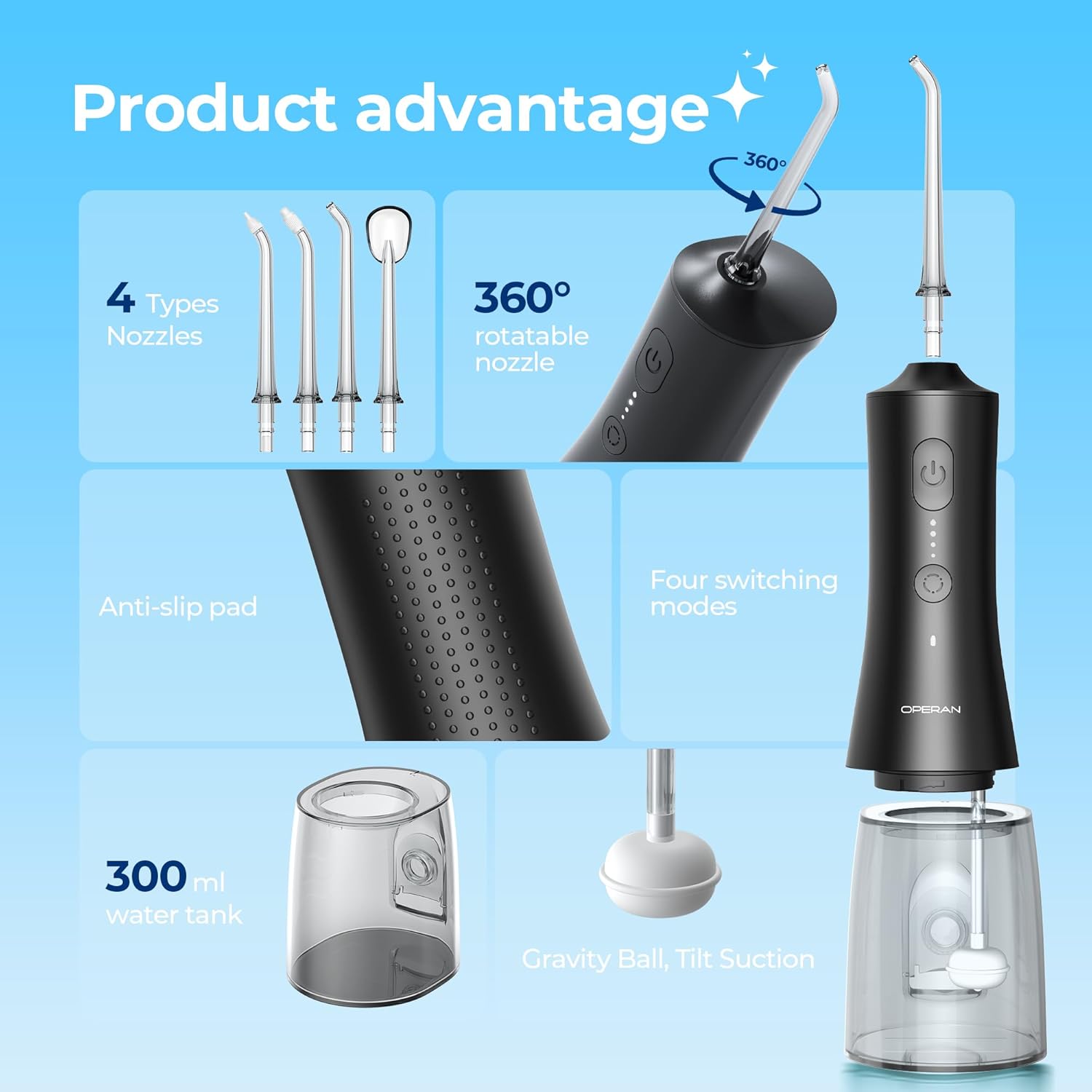 Detalle 2 de Operan Water Dental Flosser for Teeth Cordless – 300ml, 4 Modes, 4 Nozzles, IPX7