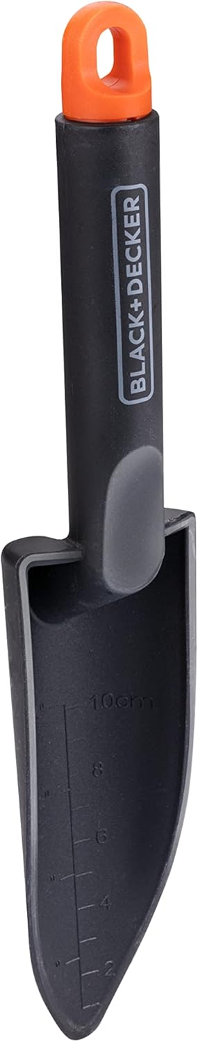 Detalle de BLACK+DECKER Pala da giardino con scala di misurazione, 30,5 cm – PP, Nero/Arancione