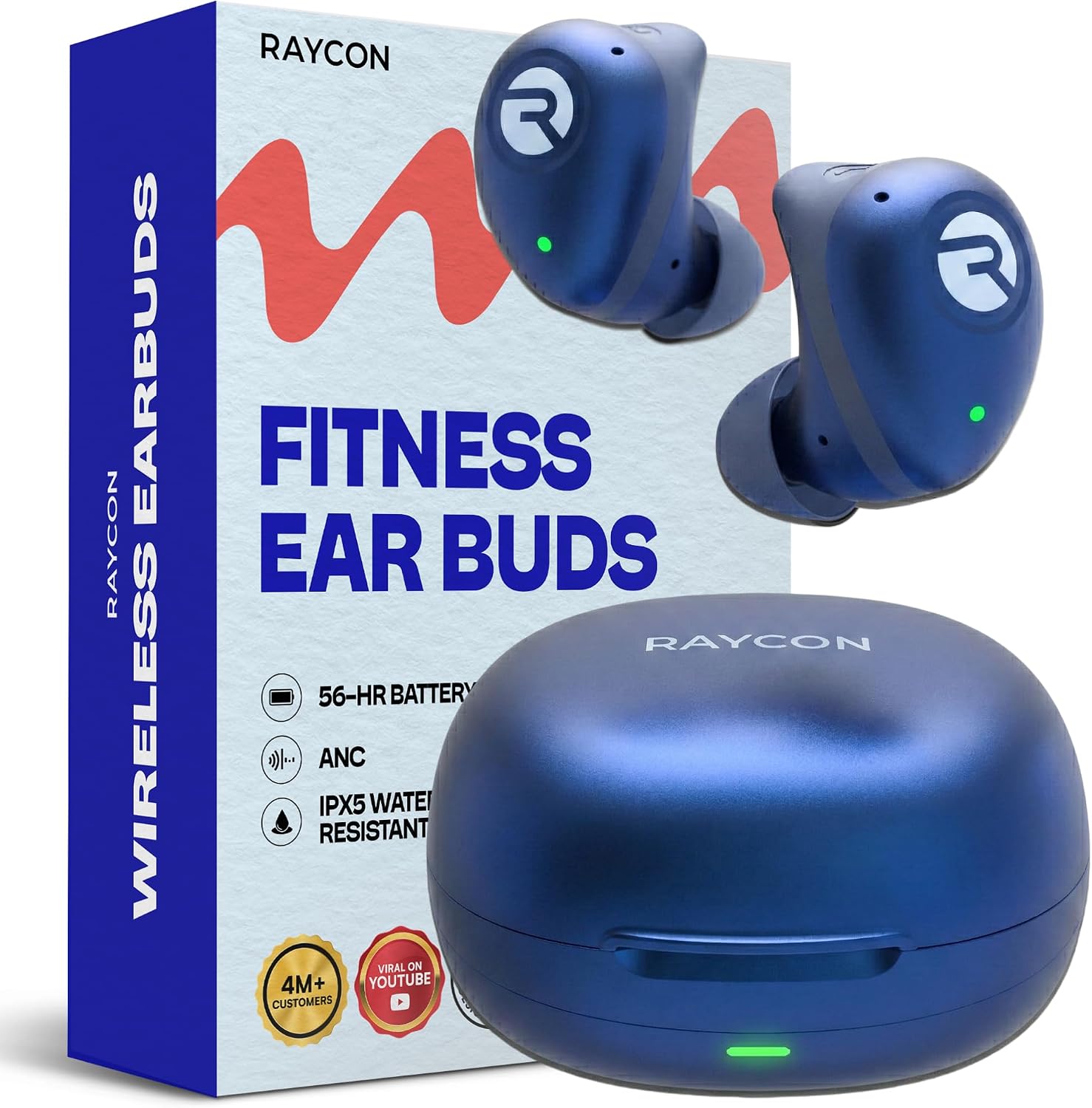 Detalle de Raycon Fitness Bluetooth True Wireless Earbuds (Blue) with Built-in Mic, IPX 7 and up to 54 hours