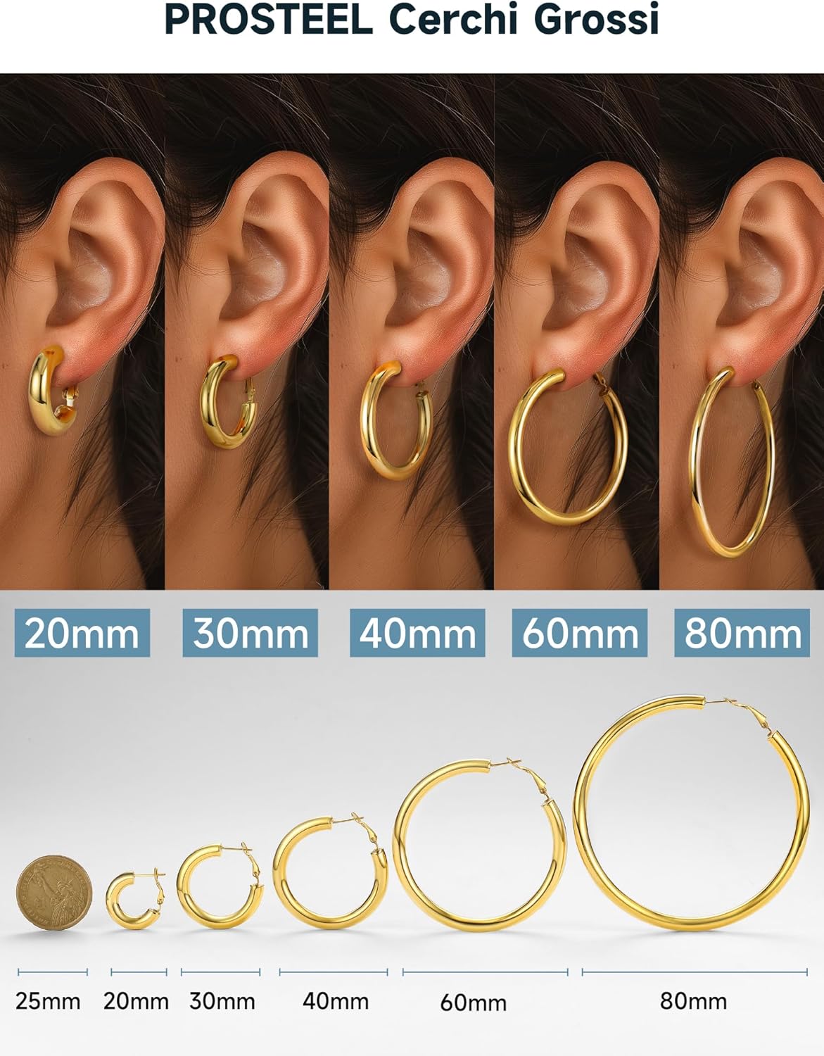 Thumbnail 3 de PROSTEEL Orecchini a Cerchio Oro 30/40/60/80 mm Oversize – Eleganza Minimalista in Acciaio Inox 316L