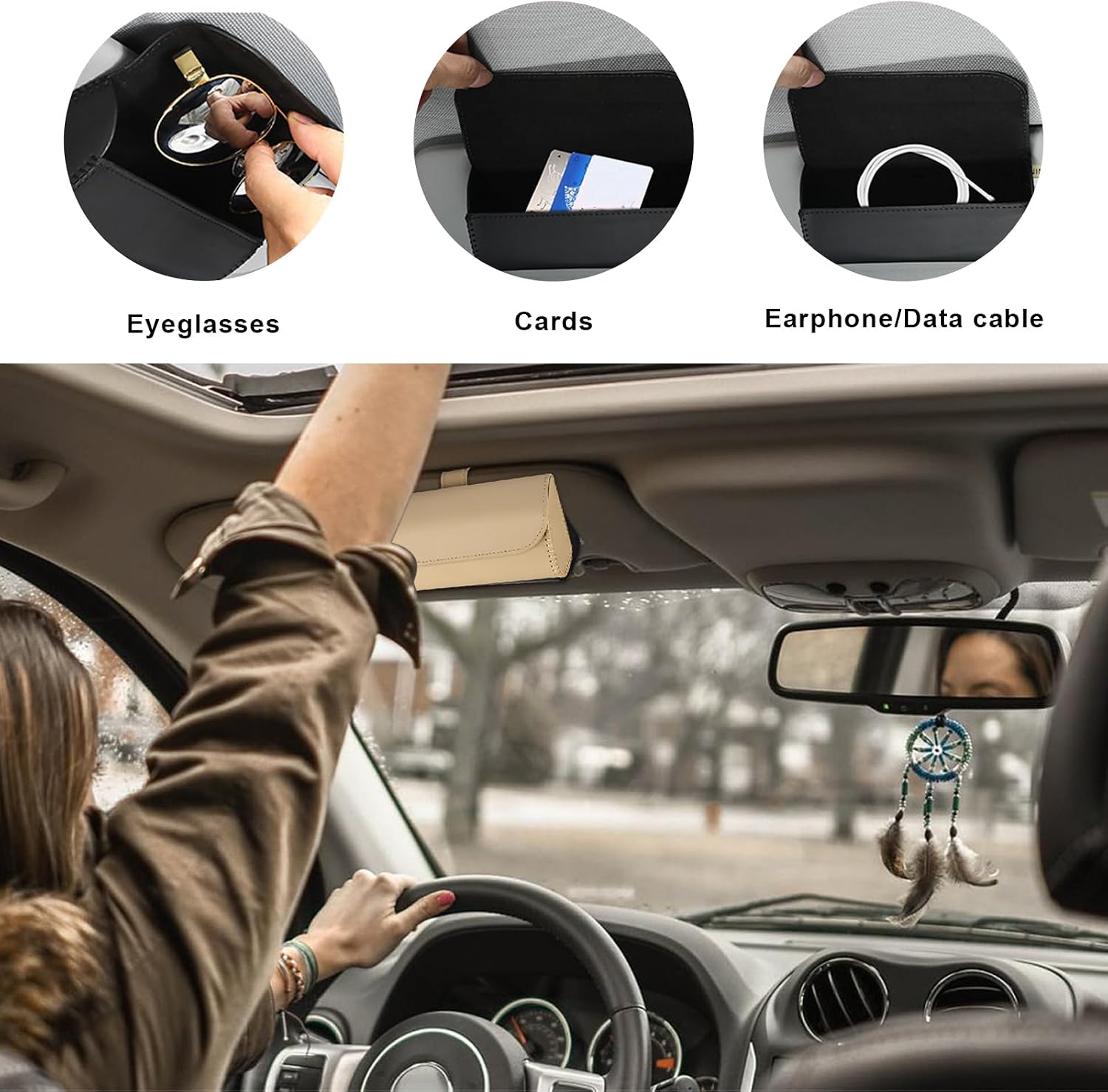 Detalle 2 de LSKASELUE Car Sun Visor Sunglasses Holder with Magnetic Closure, Beige PU Leather
