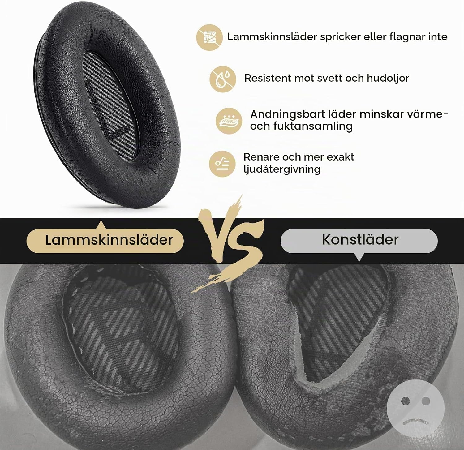 Detalle de Aurivor öronkuddar i lammskinn för Bose QC35, QC25 och AE2