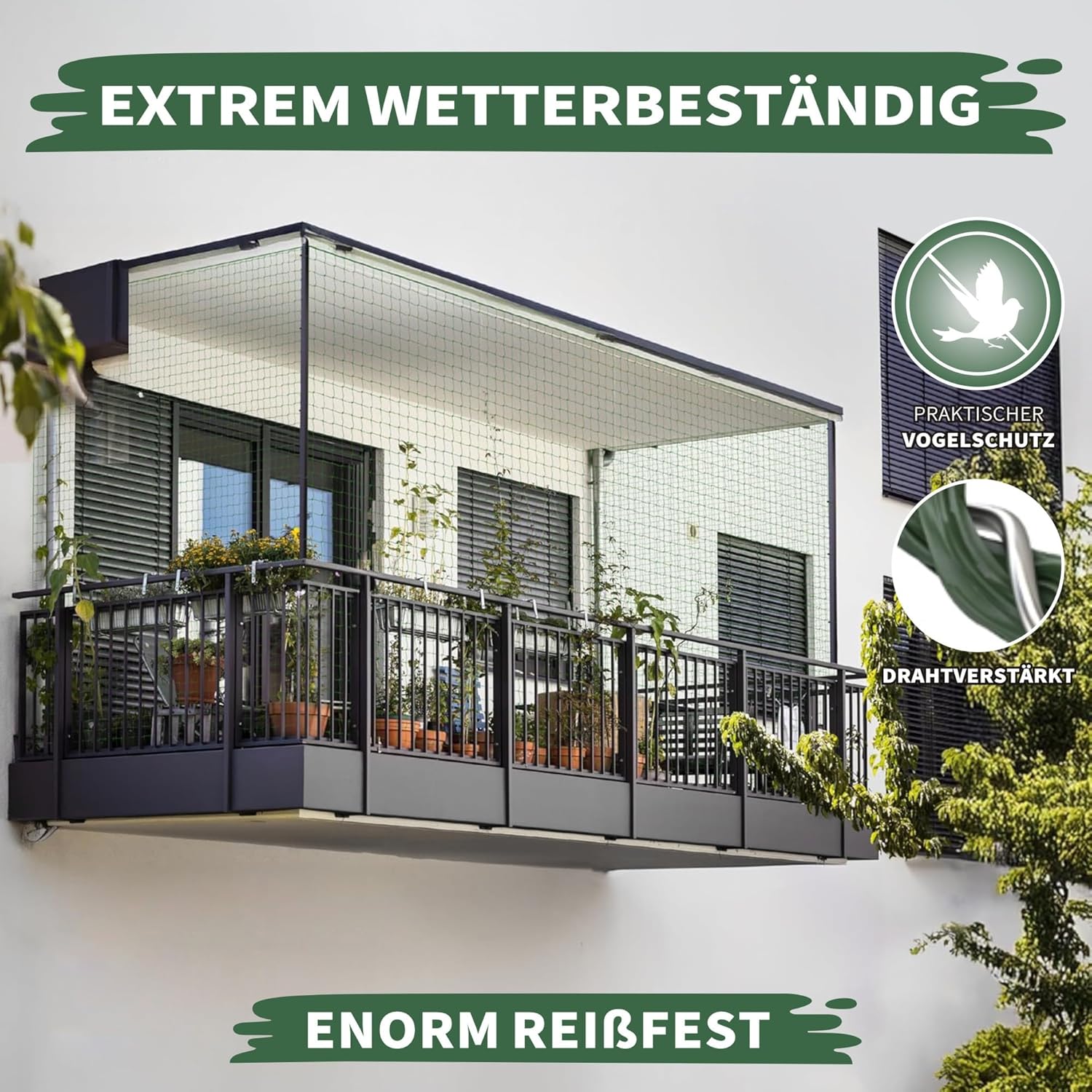 Thumbnail 5 de WOOWOOD Katzennetz für Balkon (ohne Bohren) – drahtverstärkt, wetterfest, mit Klebehaken & Silikonkleber, 4x3 m