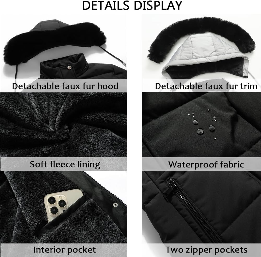 Detalle de MOERDENG Women's Long Winter Puffer Coat, Waterproof with Fleece Lining
