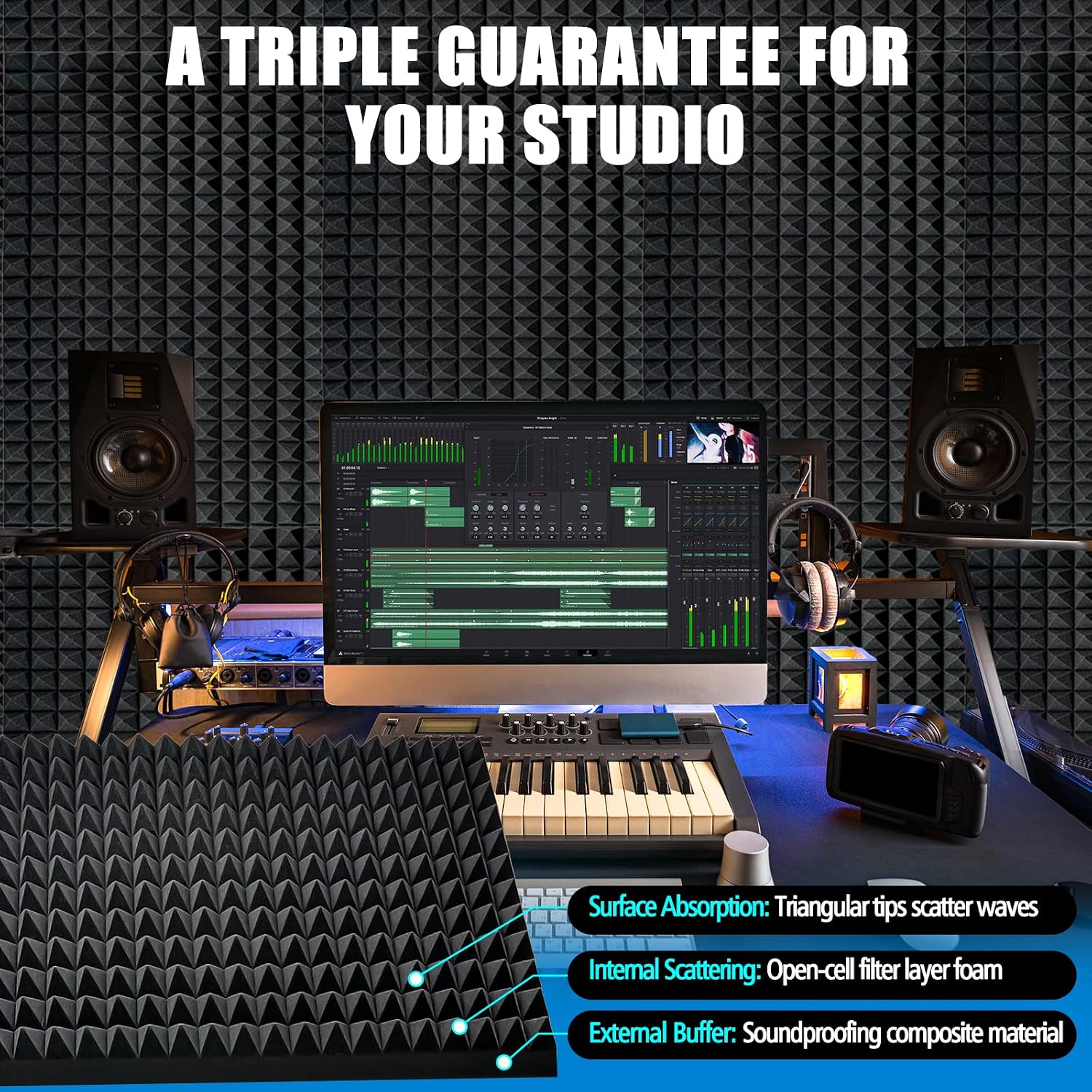 Detalle 2 de HWLIYUTAI 2-Pack Pyramid Acoustic Foam Panels, 48 x 24 x 2-Inch, Black