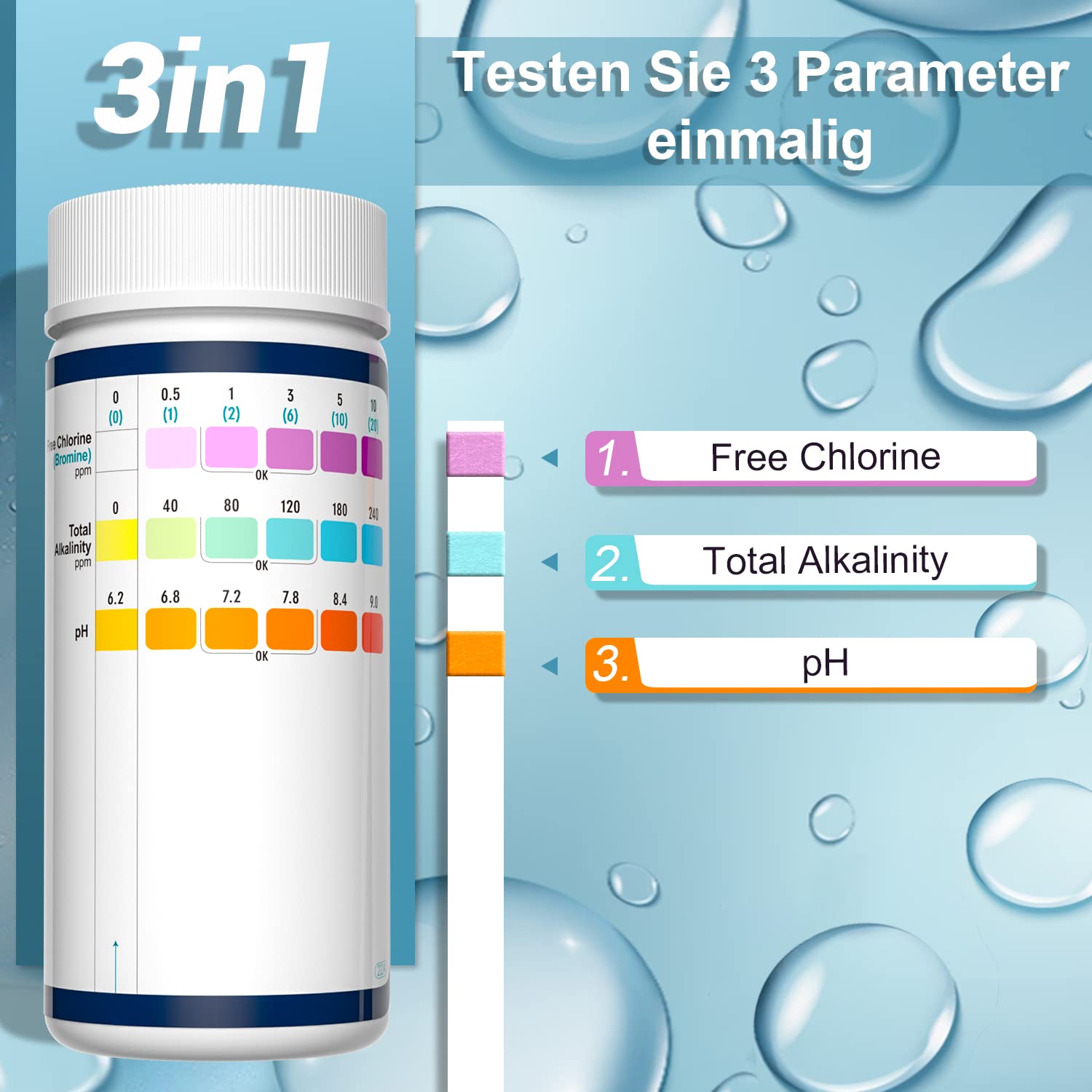 Detalle de RUNBO 3 in 1 Hot Tub Test Strips 150 counts 🧪