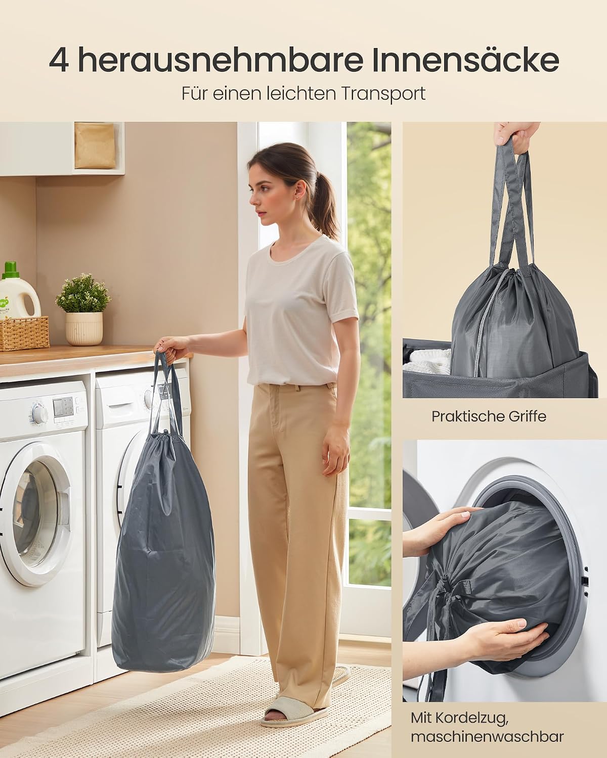 Detalle de SONGMICS Wäschekorb mit 4 Fächern (210 L) und Deckel – dunkelgrau, herausnehmbarer Innensack RLH014G01