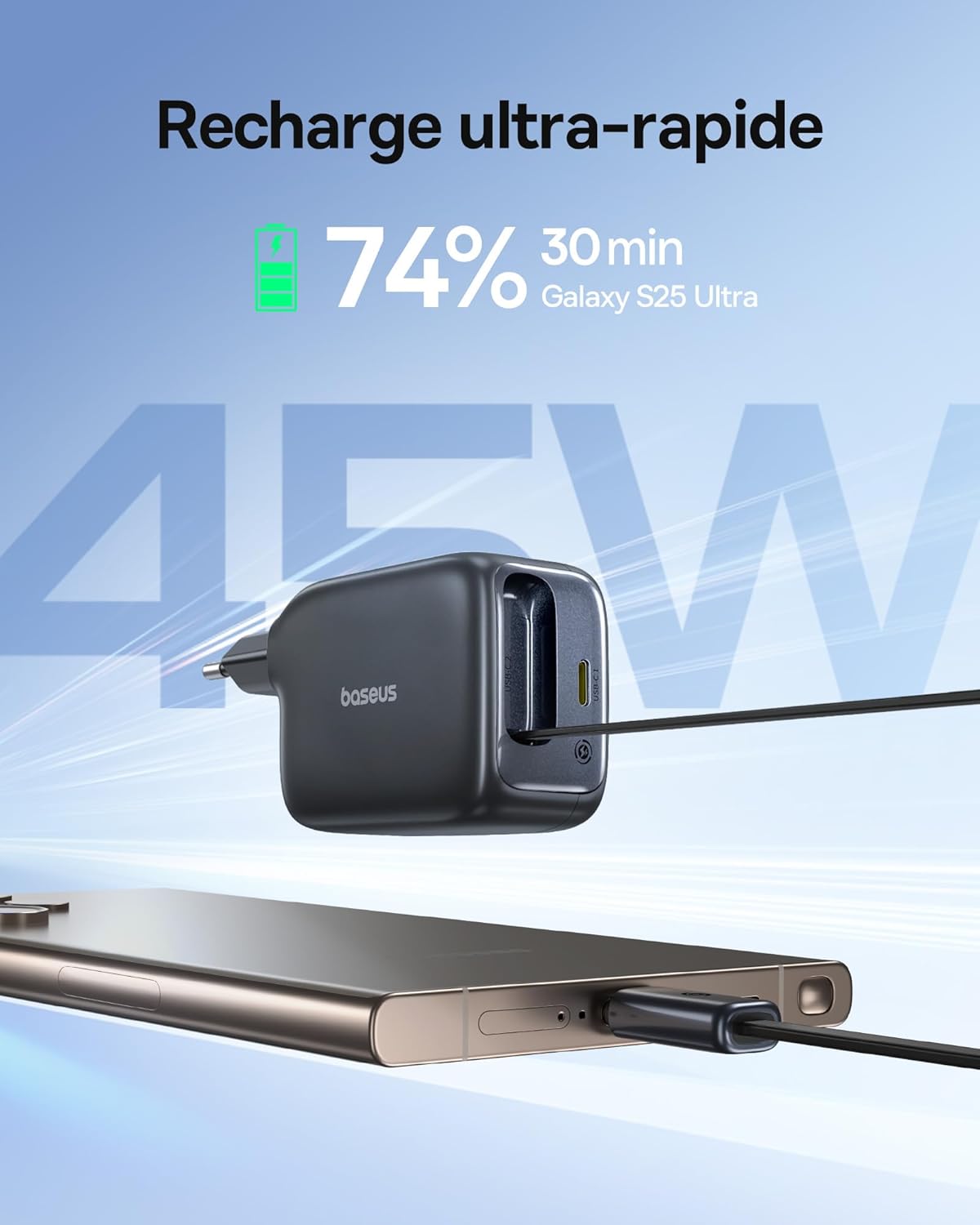 Detalle de Chargeur USB‑C 45W Baseus Enercore avec câble intégré – charge rapide et rétractable