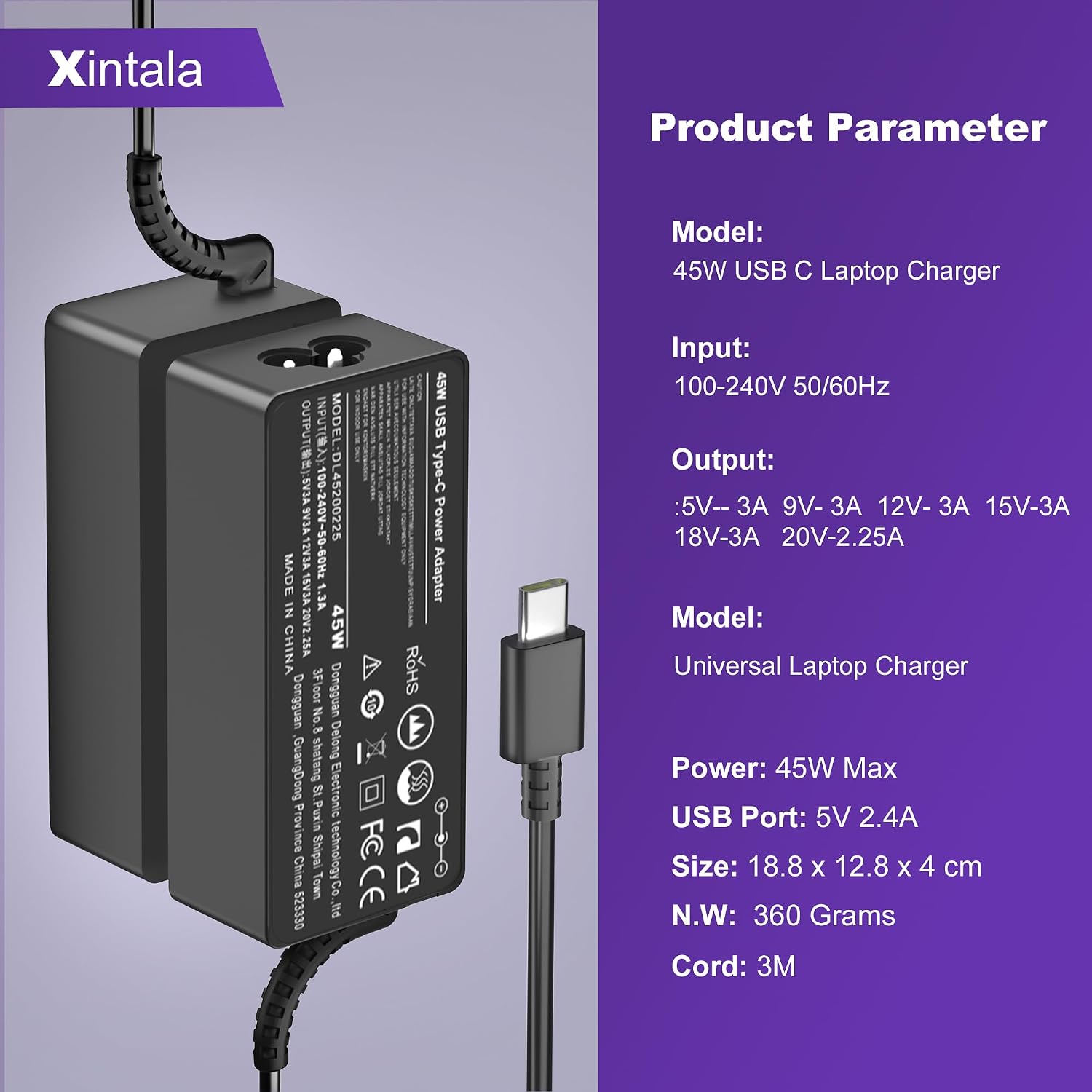 Thumbnail 6 de 45W USB-C Laptop Charger – Universal Type-C Power Adapter for Lenovo, Acer, HP, Asus, Dell, Samsung and More