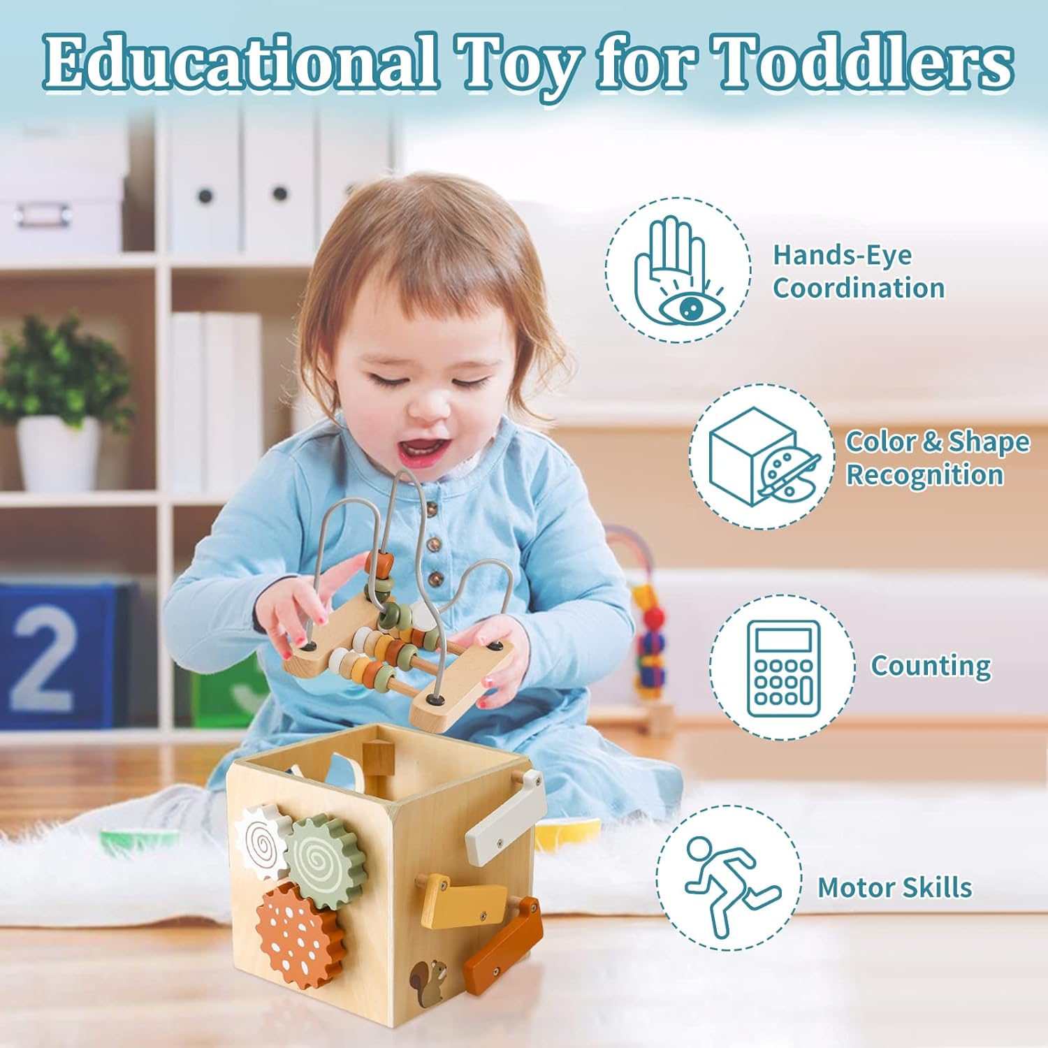 Detalle 2 de Smartwo Montessori Wooden Activity Cube for Ages 1–4