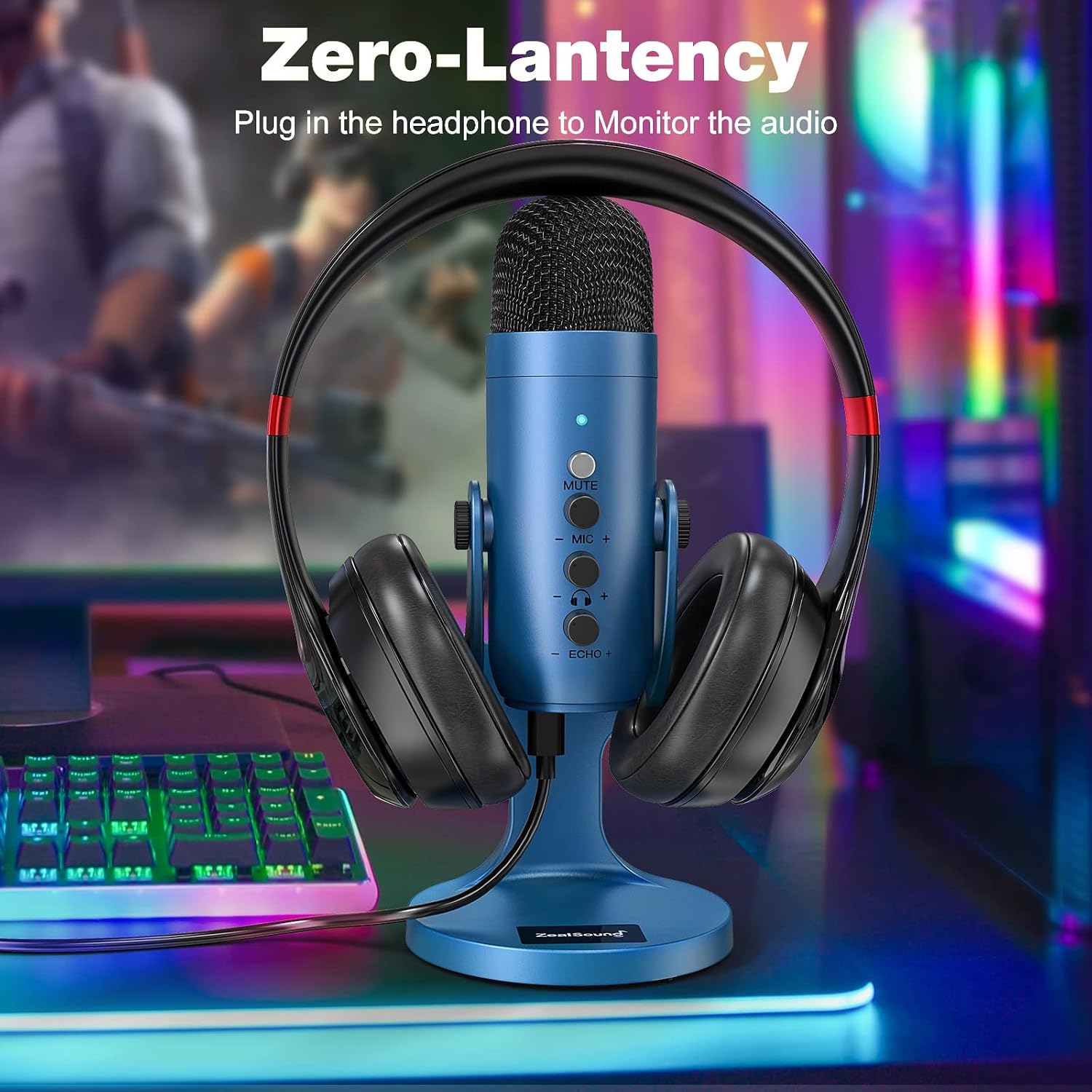 Detalle 2 de ZealSound K66 USB Kondensator Mikrofon – Blau, Plug & Play, Rauschunterdrückung, Gain & Echo