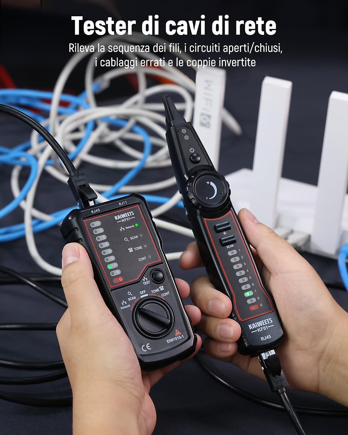 Detalle 2 de KAIWEETS tester RJ45 – Tester cavi RJ45 RJ11, tracciamento, mappatura pin e test di continuità
