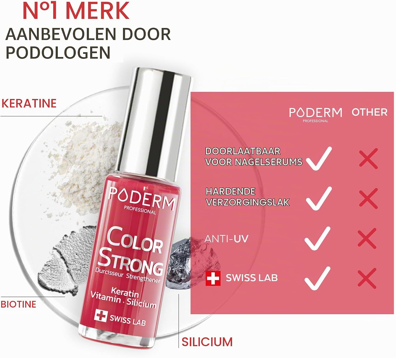 Detalle de PODERM Nail Strengthener Polish Red Rose – nagelversterkende lak met biotine