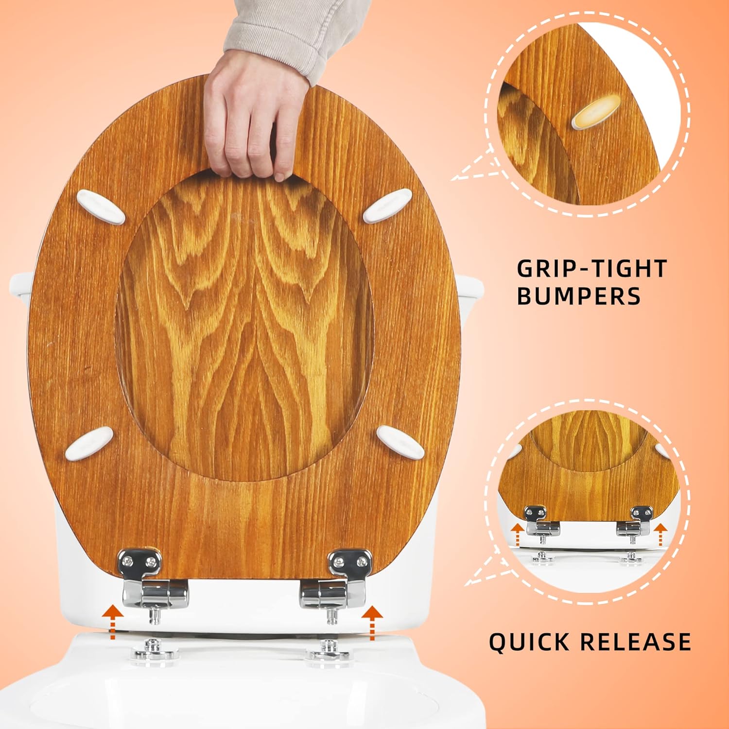 Thumbnail 3 de Angel Shield Natural Oak Toilet Seat with Quiet Close, Quick Release Hinges and Antibacterial Surface