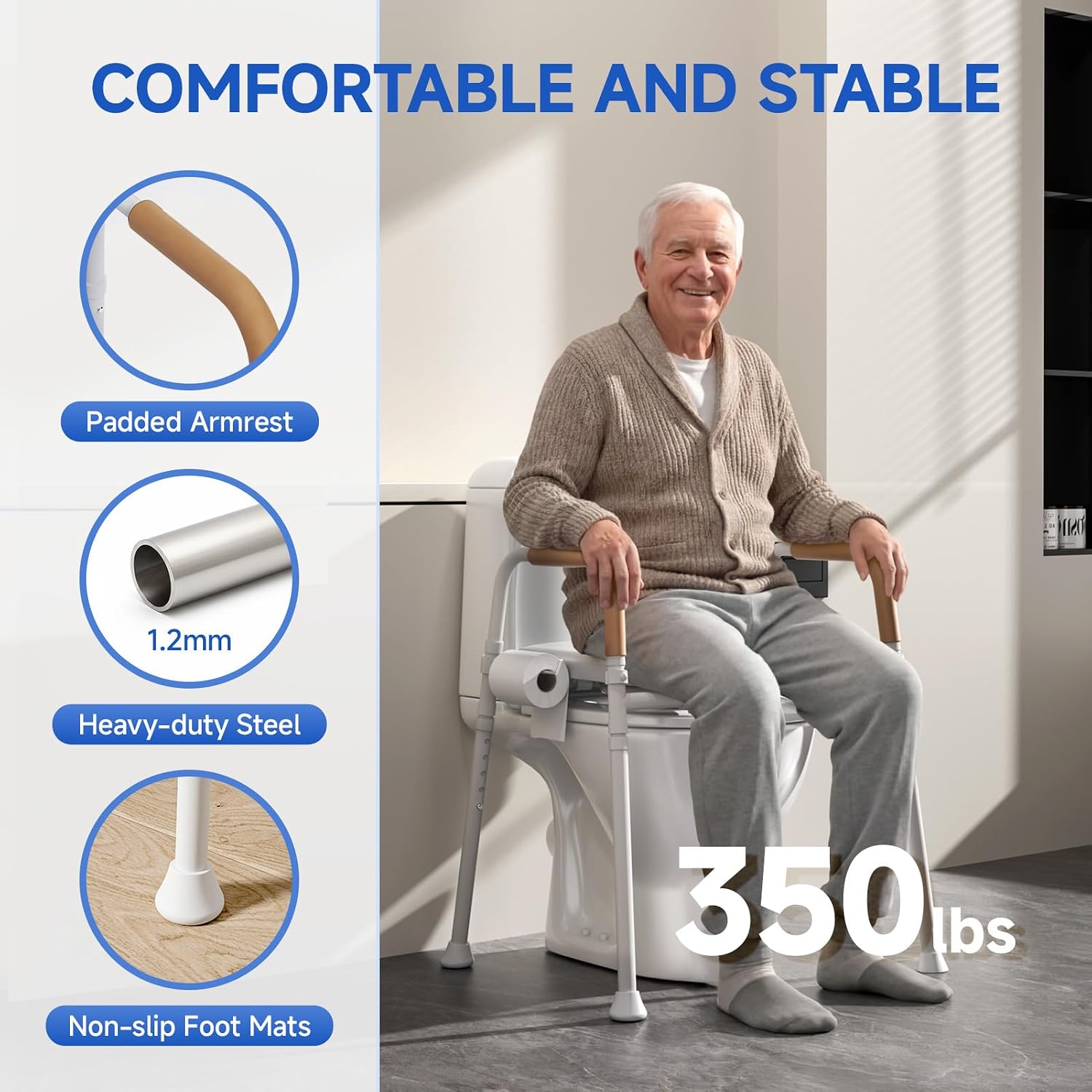 Thumbnail 1 de Loyoda Height Adjustable Raised Toilet Seat with Front Opening, Padded Armrests and Lightweight Aluminium