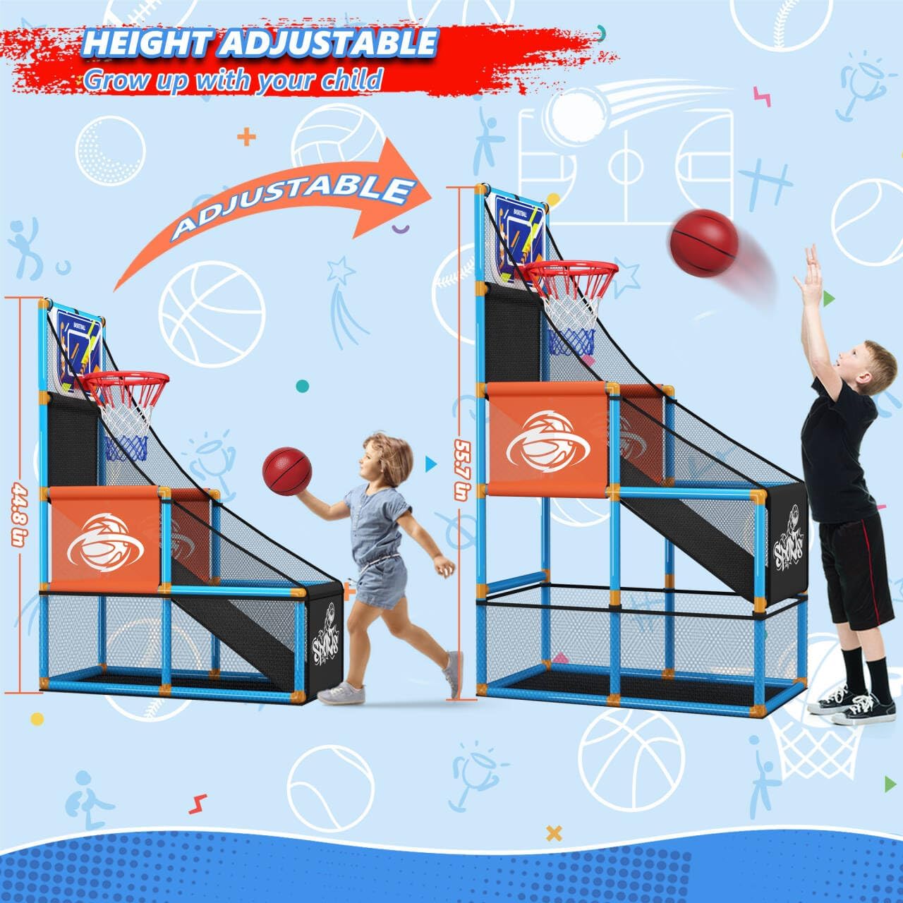 Detalle de Arcade Basketball Game Set for Kids – Adjustable Indoor/Outdoor Hoop with 4 Balls