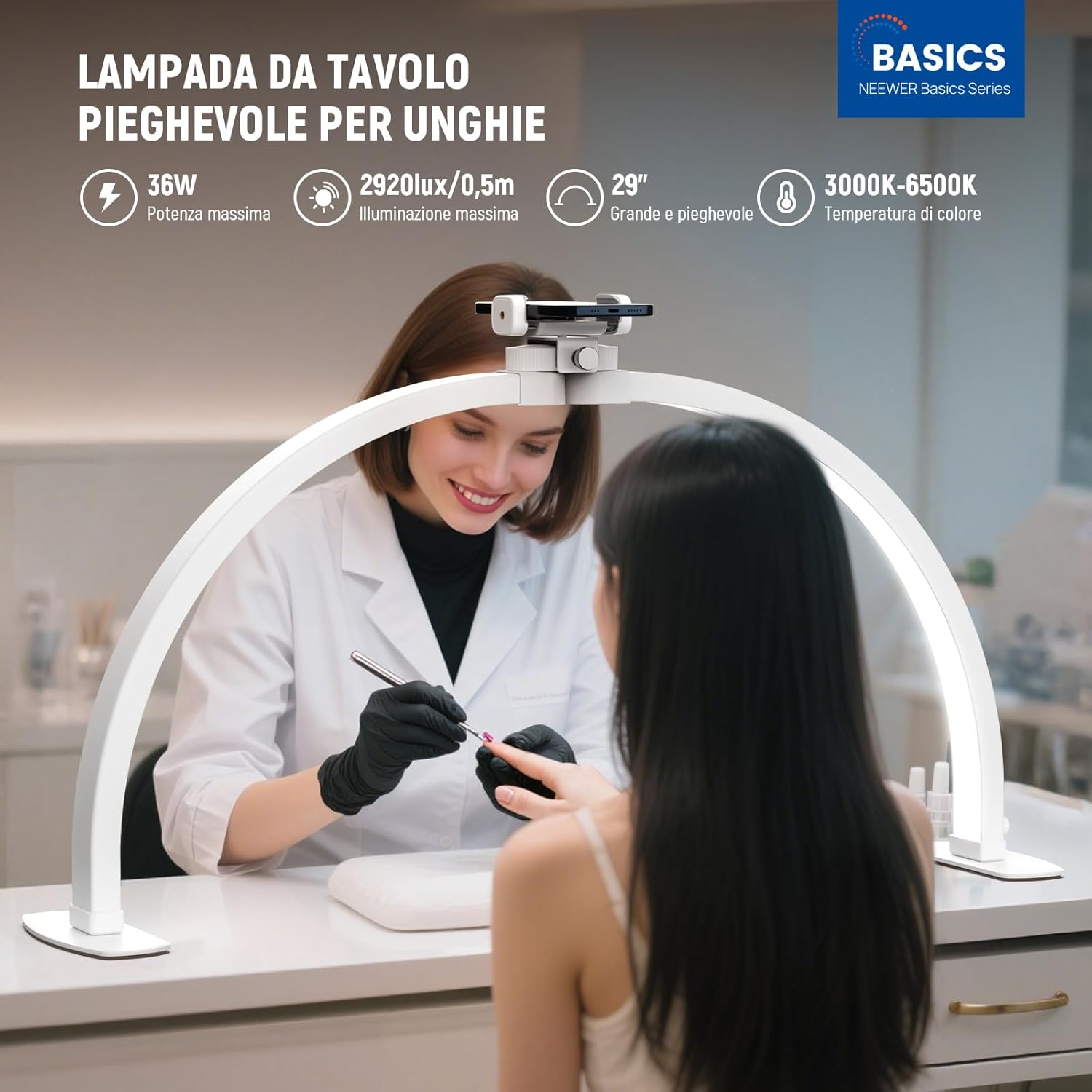 Thumbnail 1 de NEEWER BASICS HM02-D Lampada per unghie a mezzaluna da scrivania LED 29” da 36W con portatelefono
