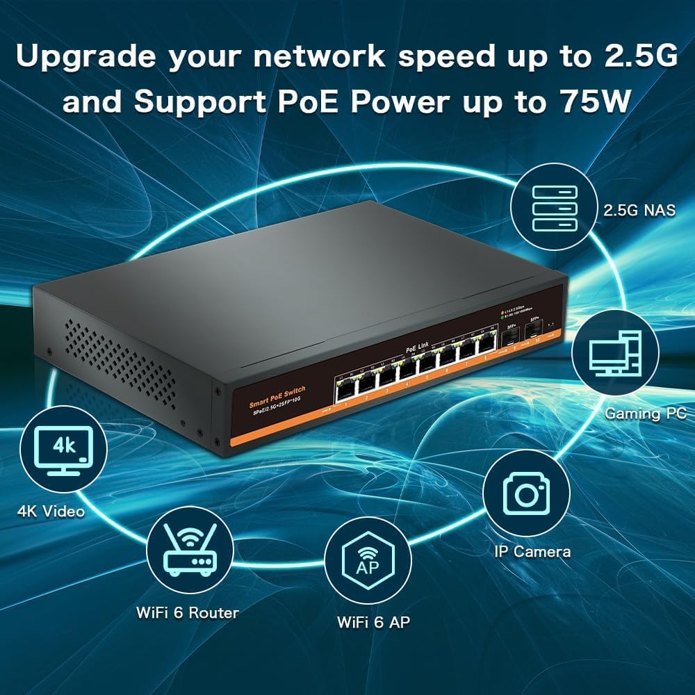 Detalle 2 de Commutateur PoE Non géré 2,5 Gb/s 8 ports + 2 ports SFP+ 10 Gb/s, métal, sans ventilateur
