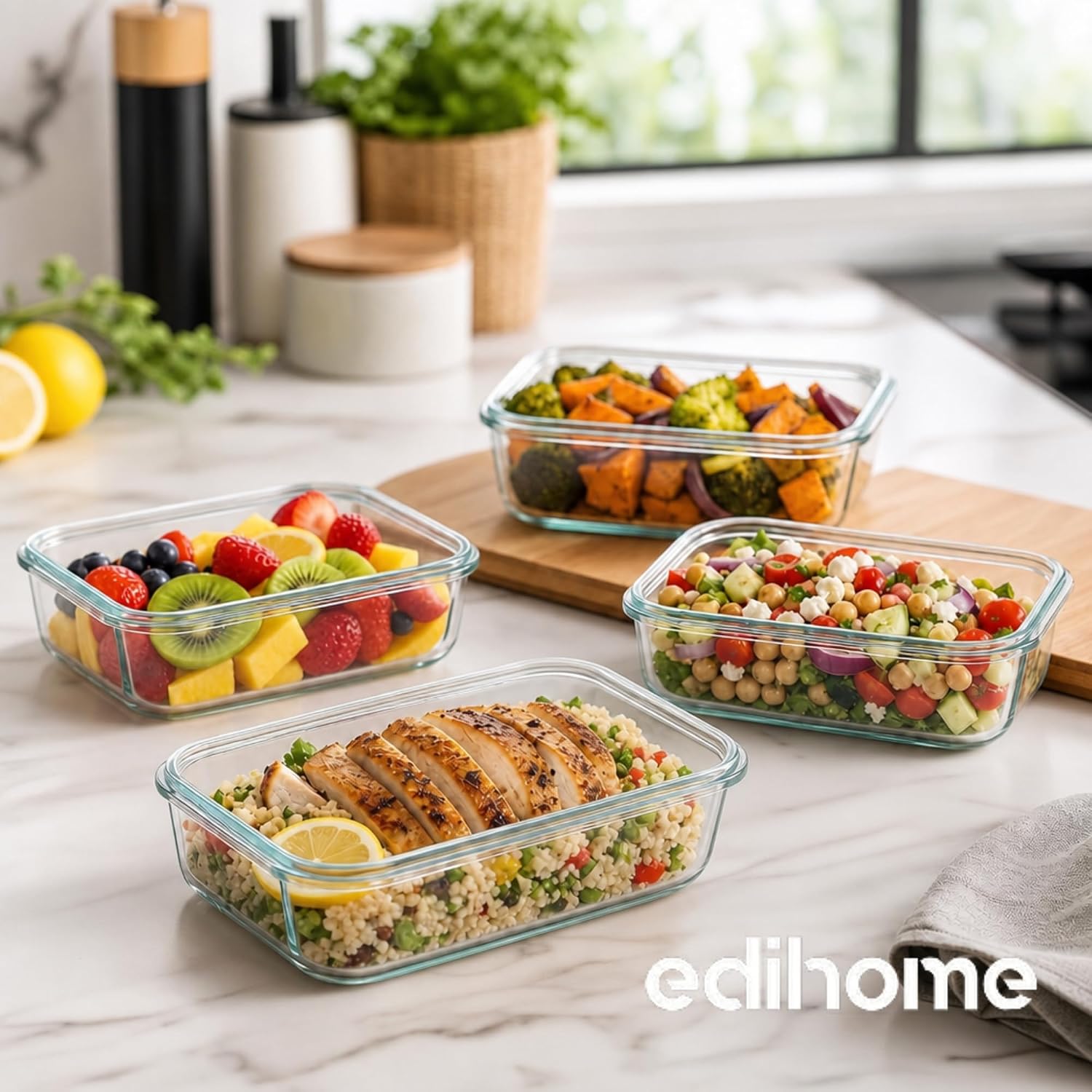 Detalle 2 de edihome Recipientes de Cristal para alimentos, 14 piezas: set hermético con tapas y borosilicato, apto lavavajillas, congelador y microondas