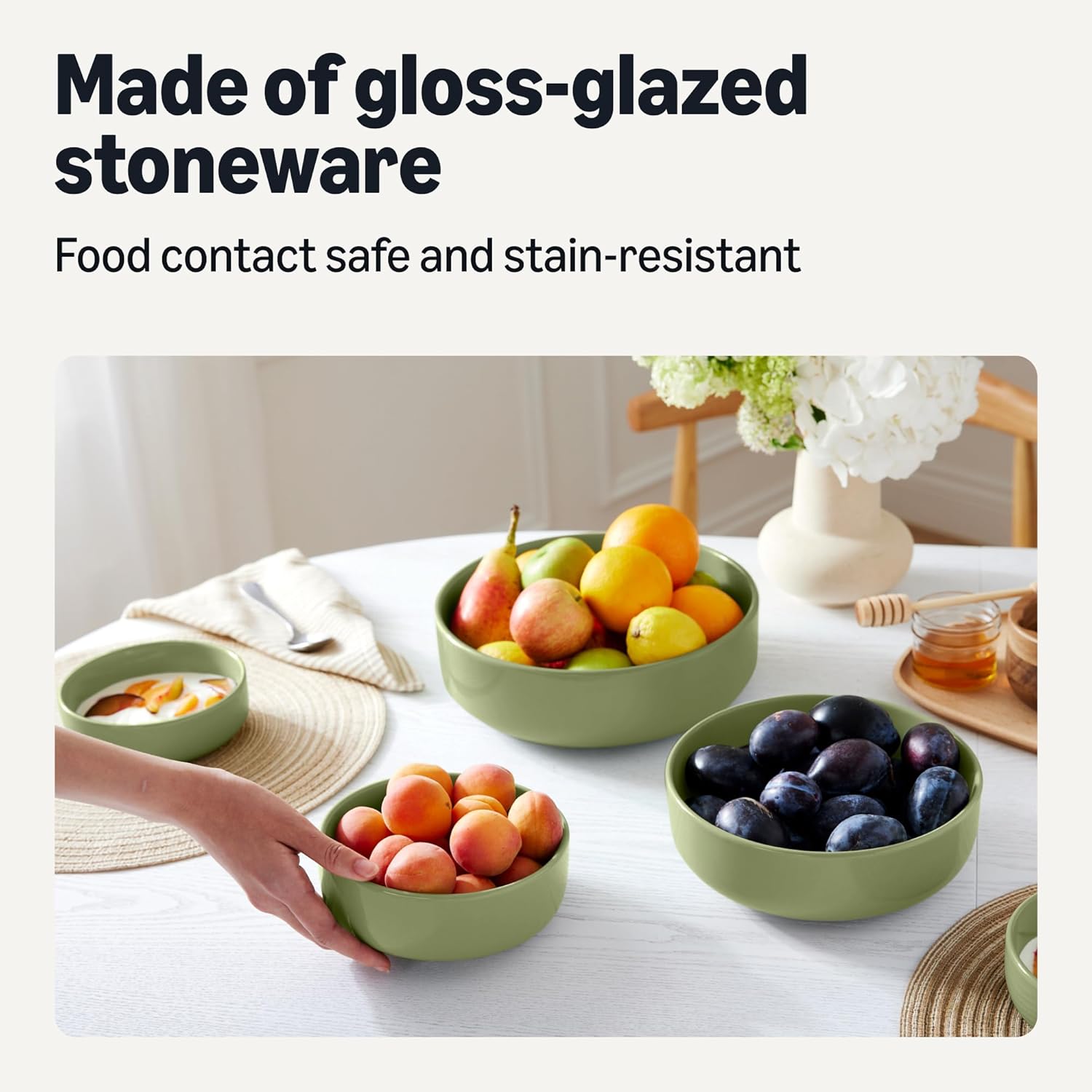 Detalle de Amazon Basics Glazed Stoneware Serving Bowls, 3-Piece Set – Olive