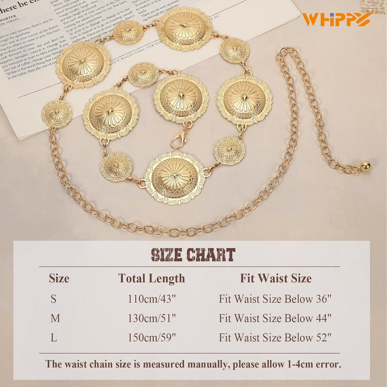 Thumbnail 3 de WHIPPY Women’s Western Metal Concho Belt – adjustable vintage boho gold chain waist chain