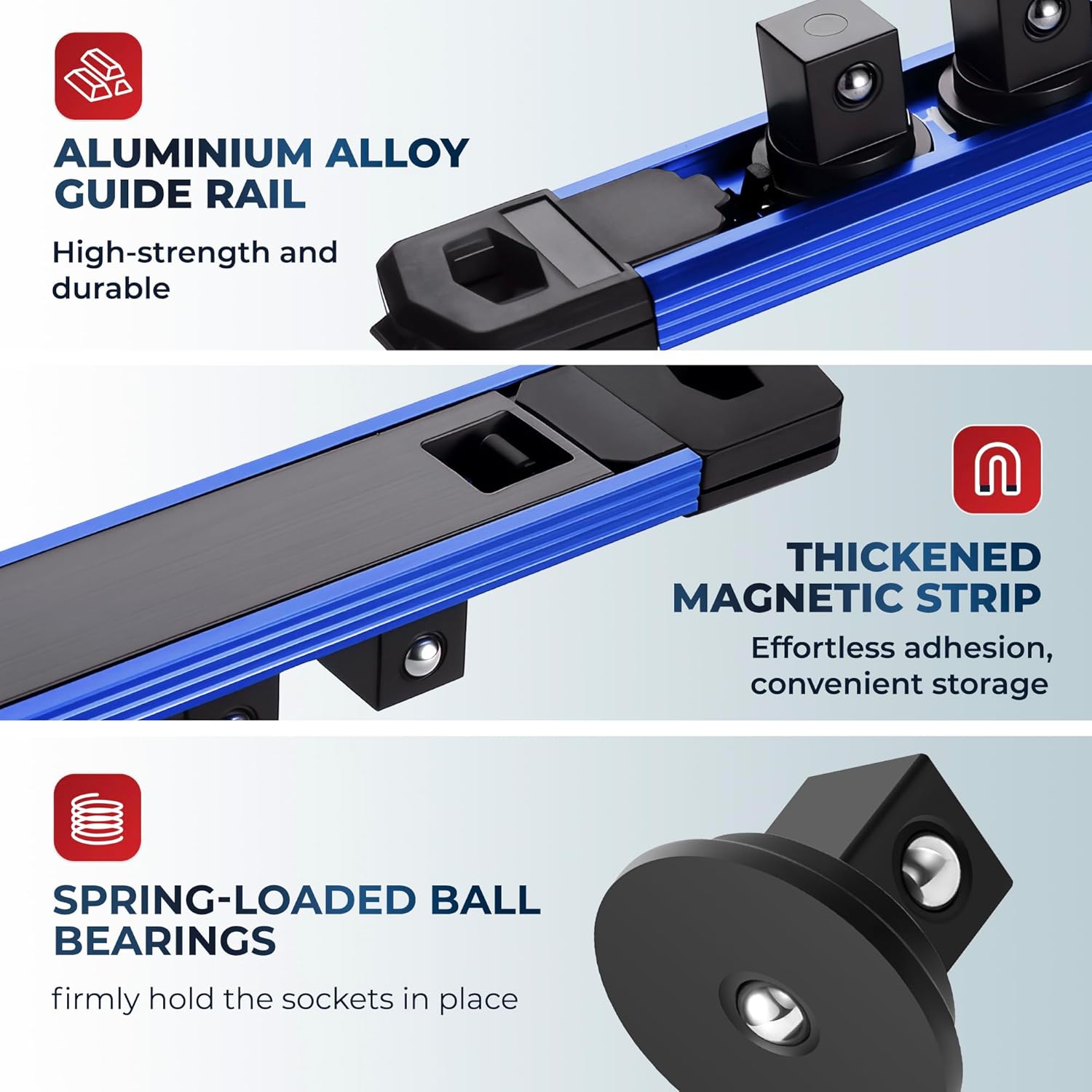 Thumbnail 1 de Reniteco Magnetic Socket Organizer (3/8" Drive) Aluminum Alloy Rail with 14PC 360° Swivel Clips, Blue