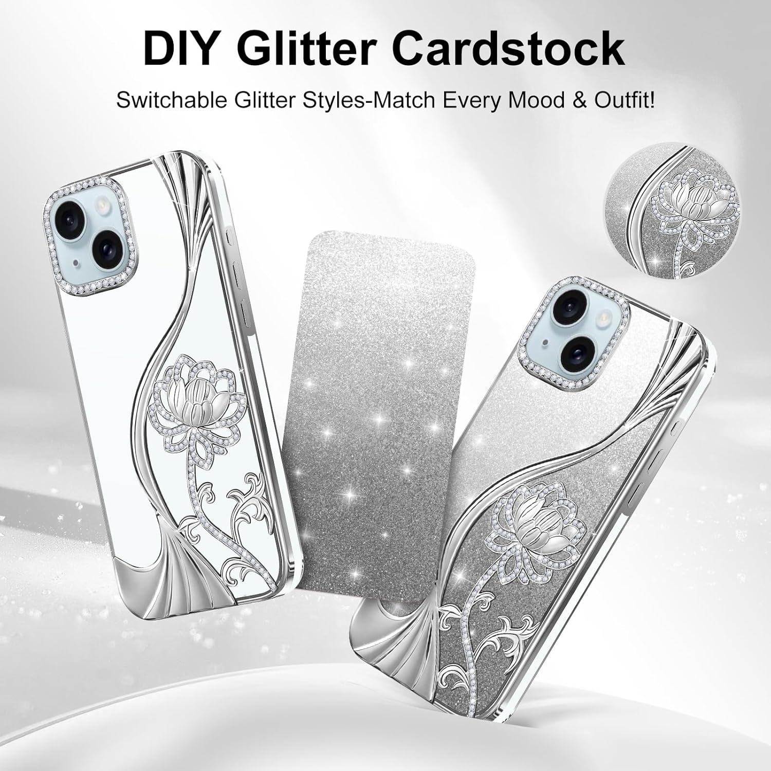 Thumbnail 5 de LEVIOSA Floral Glitter Case for iPhone 15 – Slim TPU protective cover in Silver