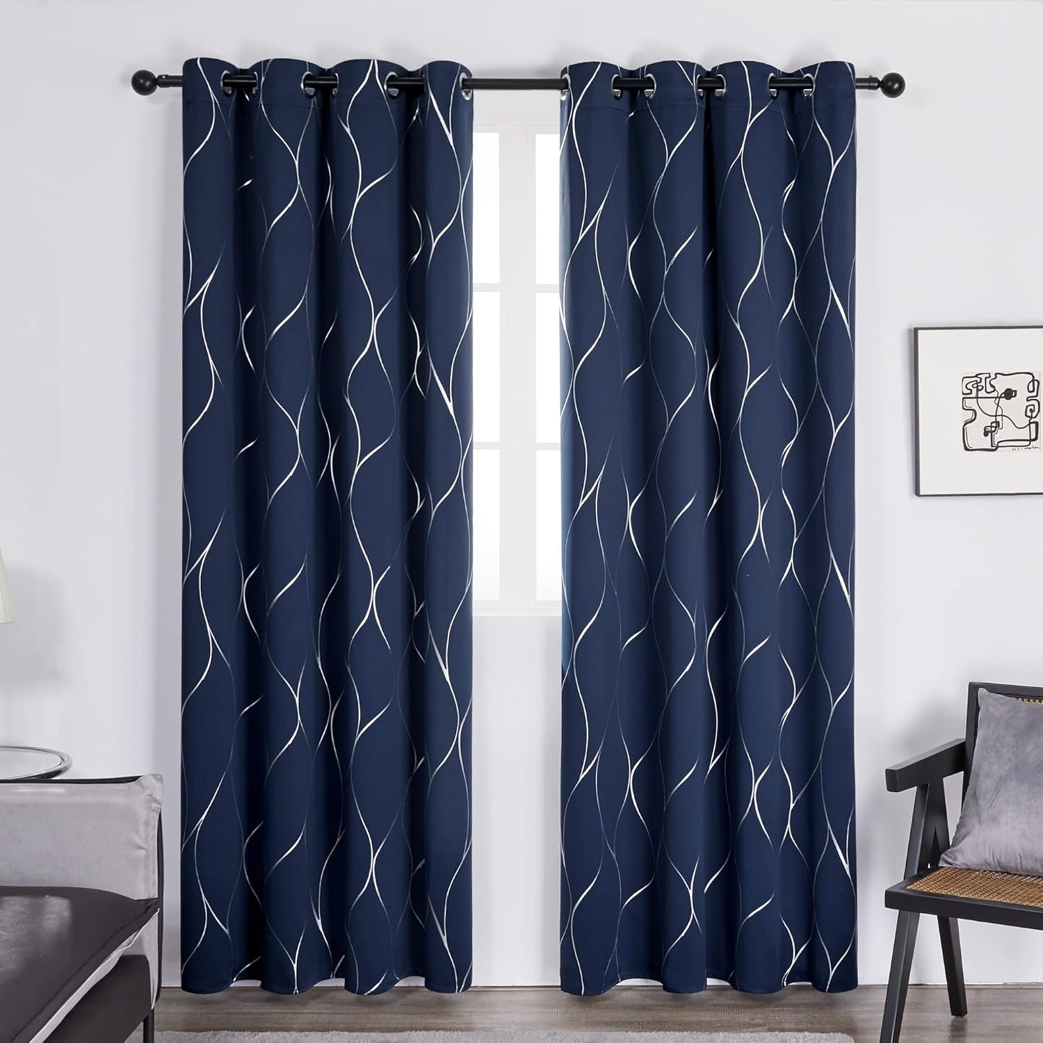 Thumbnail 1 de Deconovo Silver Wave Foil Printed Blackout Curtains (Navy Blue) – Thermal Eyelet Room Darkening, 52x84 Inch, 2 Panels