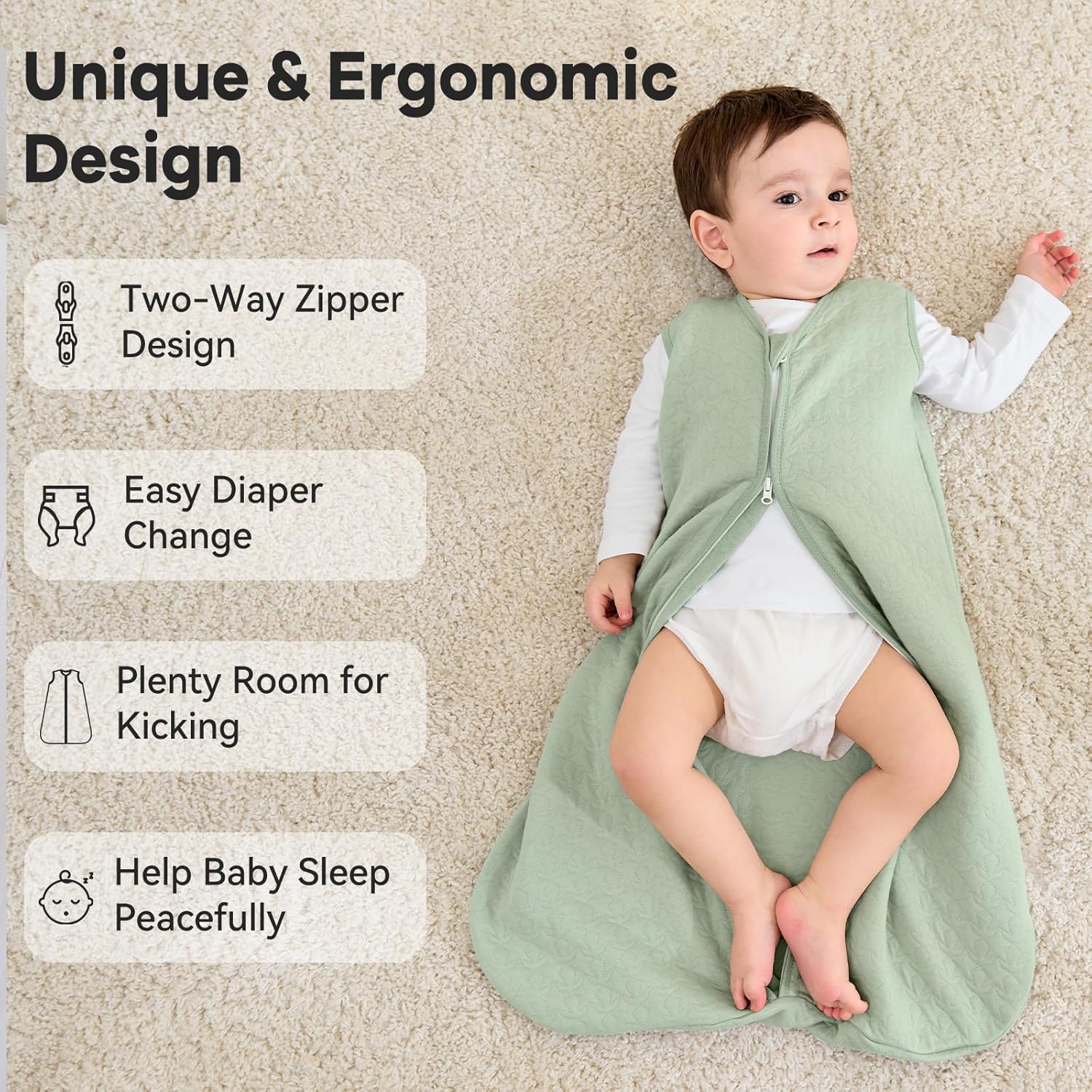 Thumbnail 3 de Unnivoll Baby Sleeping Bag 1.0 Tog for 12-18 Months (Grün) – 100% Cotton, 2-Way Zip, Safe and Dormant Comfort