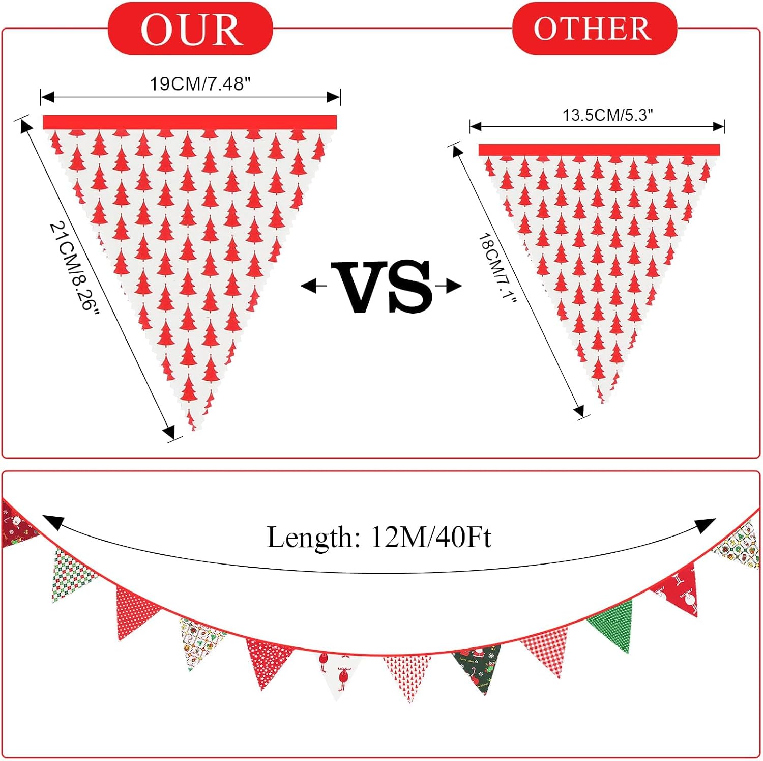 Detalle 2 de jijAcraft 12M Fabric Christmas Bunting 42pcs garland 🎄