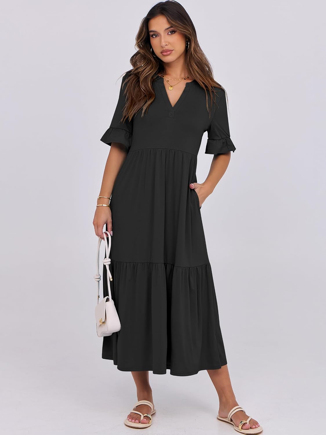 Detalle de ANRABESS Women's Summer Maxi Dress: Boho-Chic Tiered V-Neck with Pockets