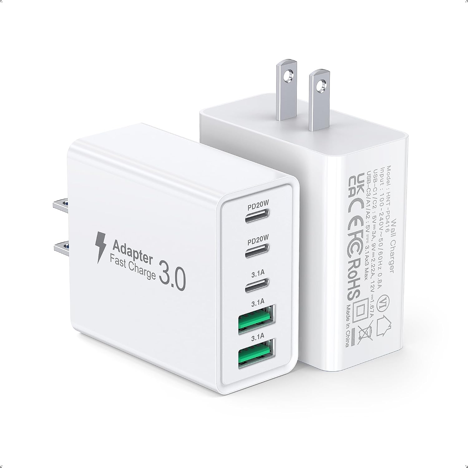 Detalle de Qwinjwin 2-Pack 50W 5-Port USB Wall Charger (2 USB-A + 3 USB-C, White)