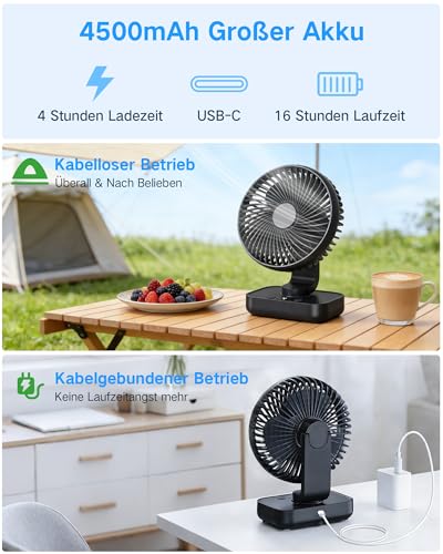 Detalle de ArsMotin Tischventilator Automatisch Oszillierend – leise, tragbar und flexibel mit 4500 mAh Akku