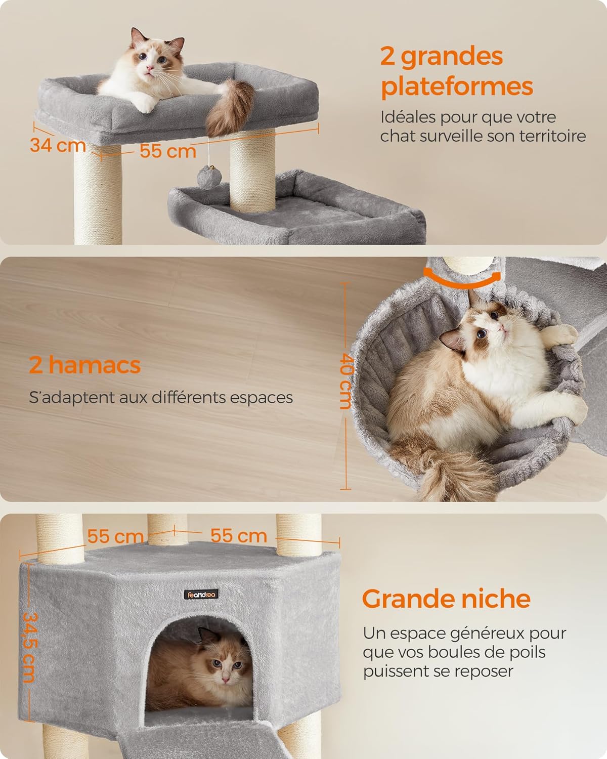 Thumbnail 3 de Feandrea Grand Arbre à Chat – Tour de Jeux XXL à 5 niveaux, 13 poteaux en sisal 11 cm Ø, 186,7 cm