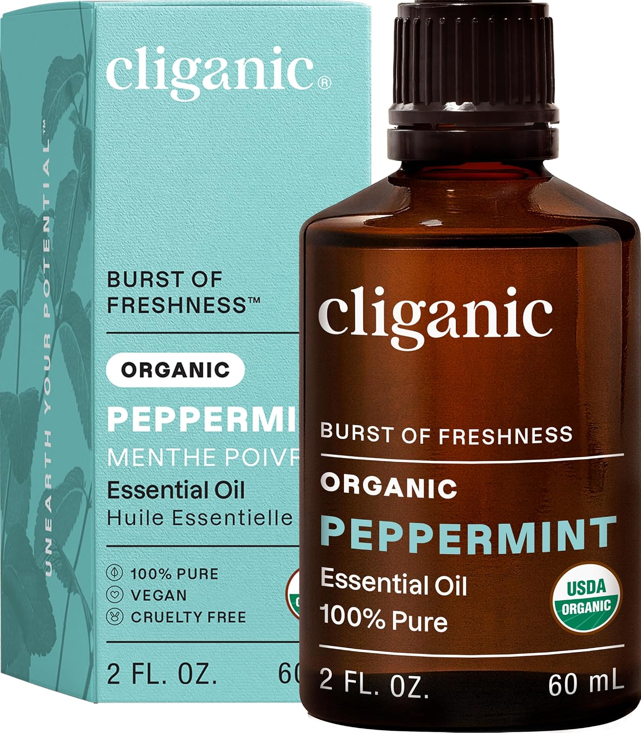 Detalle de Cliganic CL-BE-050-2 Organic Peppermint Essential Oil, 2 fl oz, 100% Pure