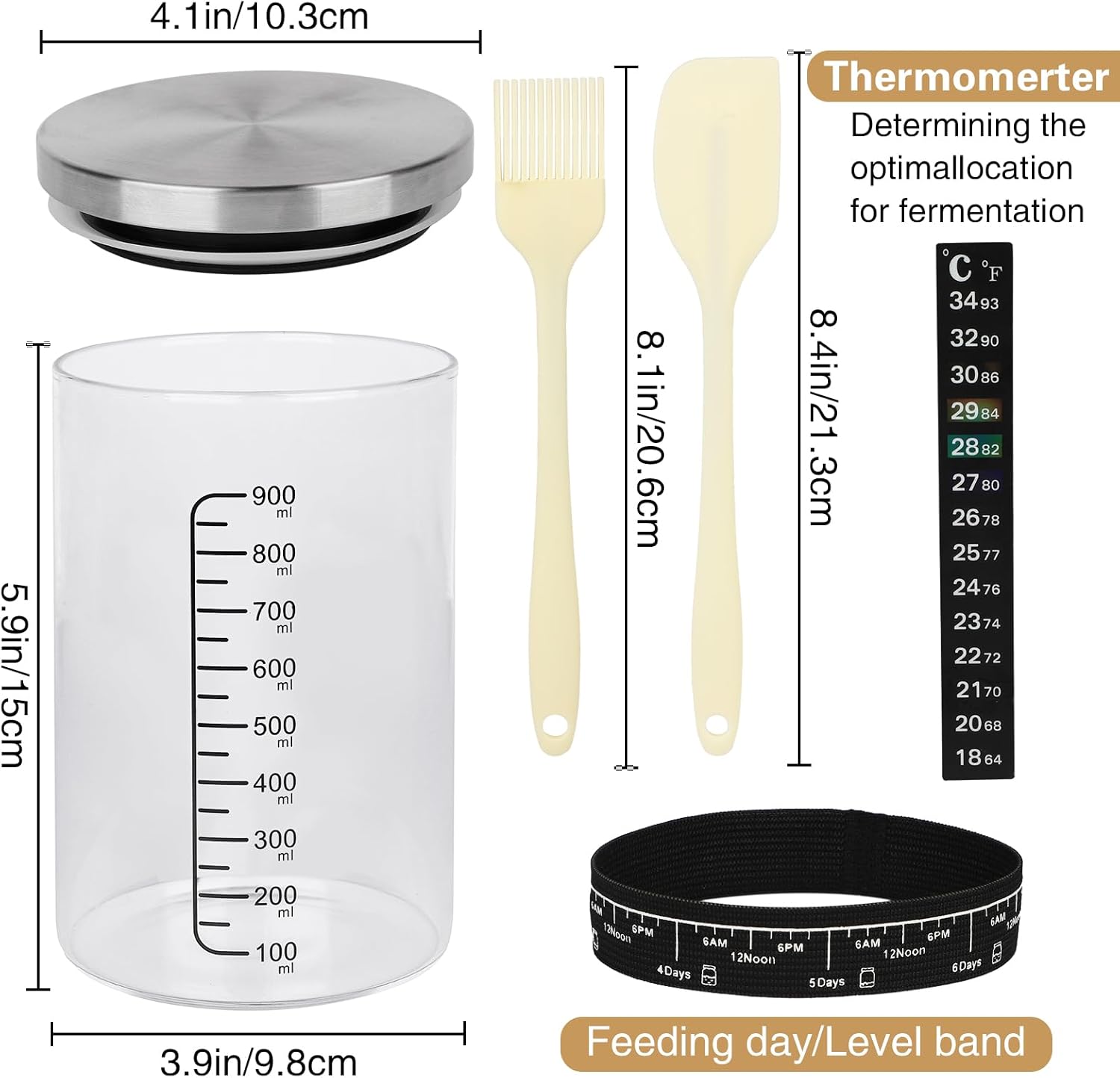 Detalle 2 de SSYR&P Sauerteig-Starter set mit Gärglas (650 ml), Thermometer und Abdeckung – Brot- und Pizzateig-Startset