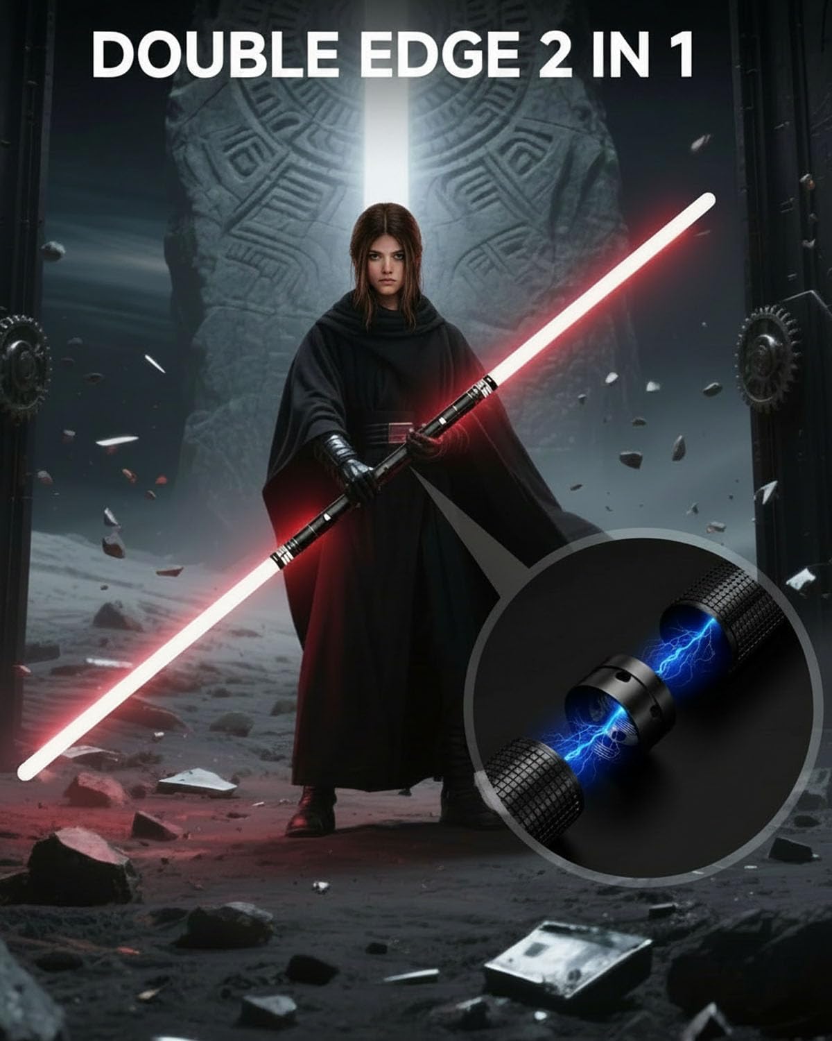 Thumbnail 3 de Lichtschwert 2 in 1 Duell – USB-Aufladbares Doppel-Laserschwert mit 16 RGB-Farben, 4 Sounds, Aluminiumgriff (Schwarz-B)