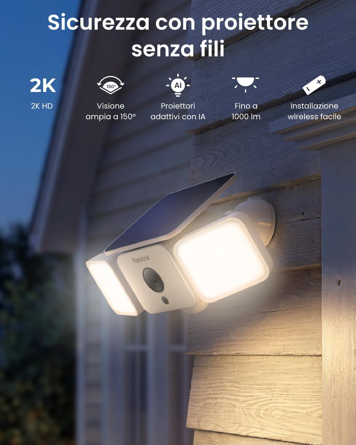 Thumbnail 1 de Reolink 2K Telecamera Wi‑Fi Esterno con Faro Solare — 150°, allarme sirena e visione notturna a colori