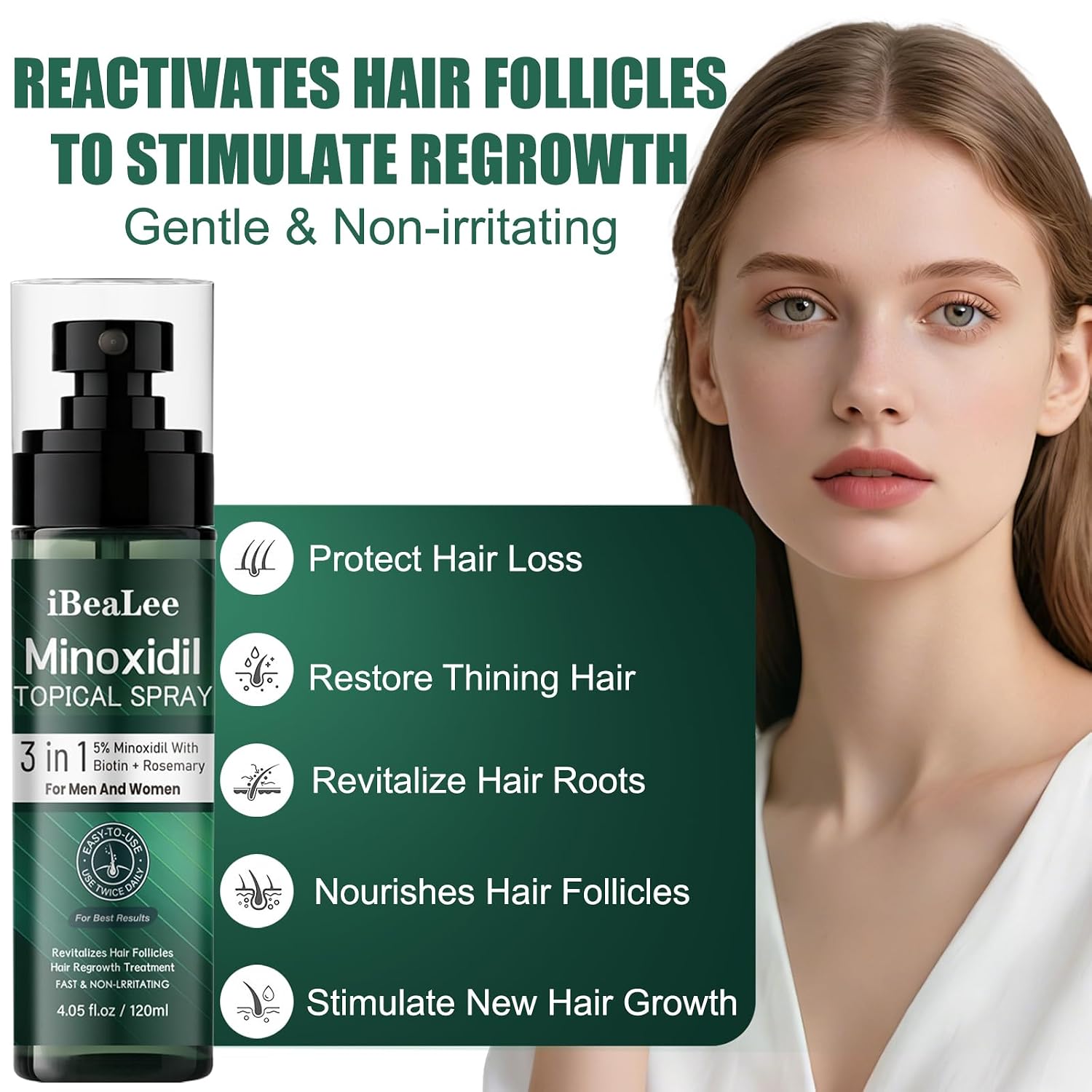 Detalle 2 de OURMUST 5% Minoxidil Hair Regrowth Spray, 2 Bottles with Biotin & Rosemary