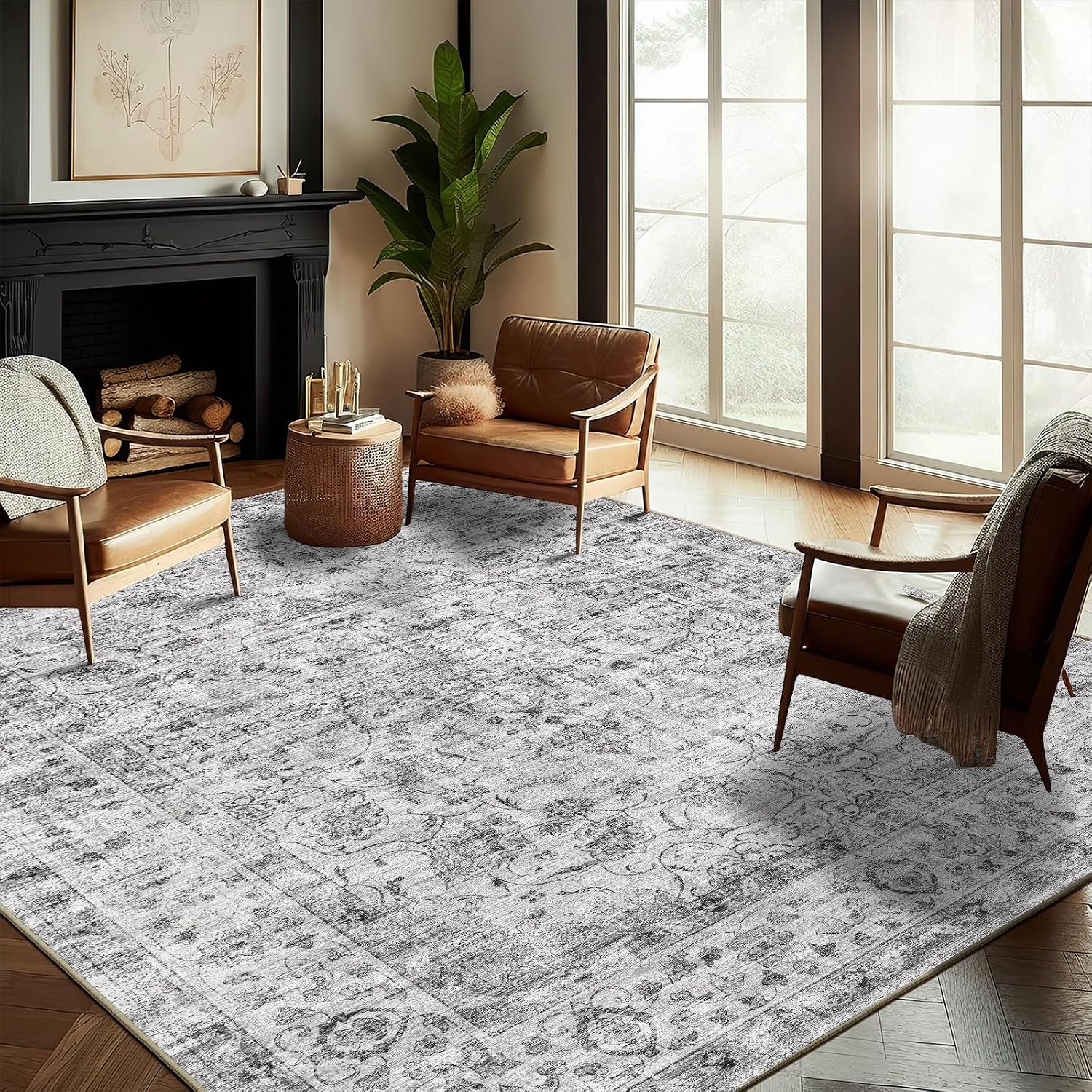 Detalle de CHAMPLANT 9' x 12' Washable Area Rug, Low-Pile Retro Floral Design