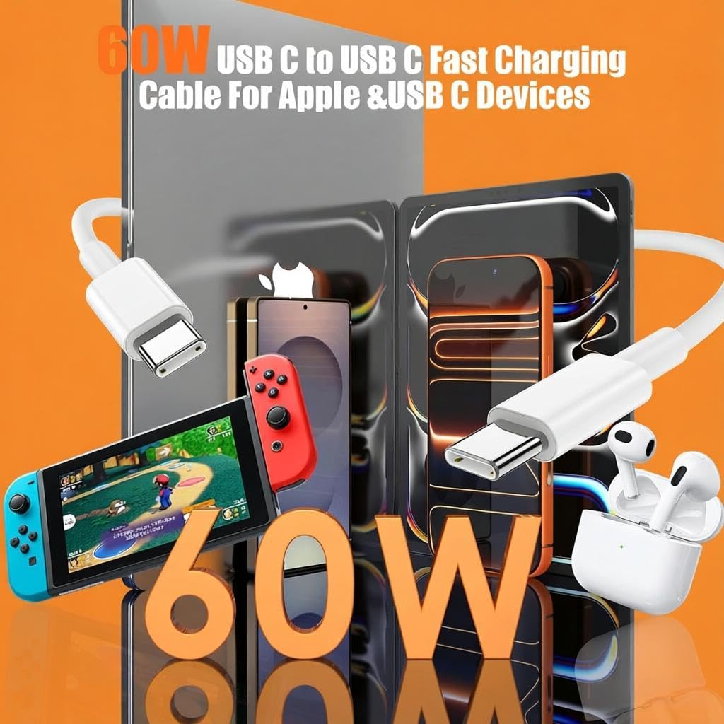 Detalle de CyvenSmart 3-Pack USB C to USB C Cable (3.3ft, 6.6ft, 10ft) 60W: Fast Charging for iPhone, Galaxy, iPad, MacBook and More