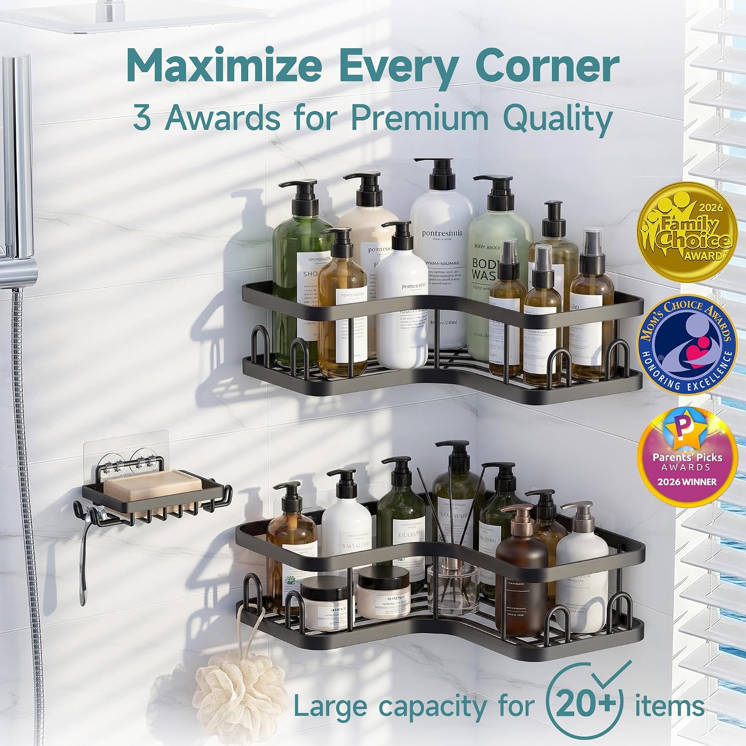 Detalle 2 de Veken 3-Pack Corner Shower Caddy, Rust-Resistant Metal, No-Drill Adhesive Shelves
