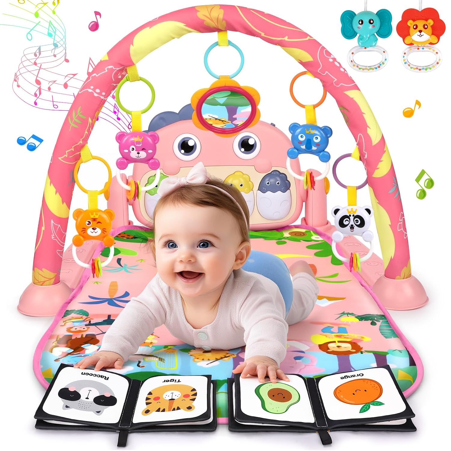 Detalle de UMIKU Baby Play Mat, Pink Dinosaur Activity Gym with Piano and High-Contrast Books