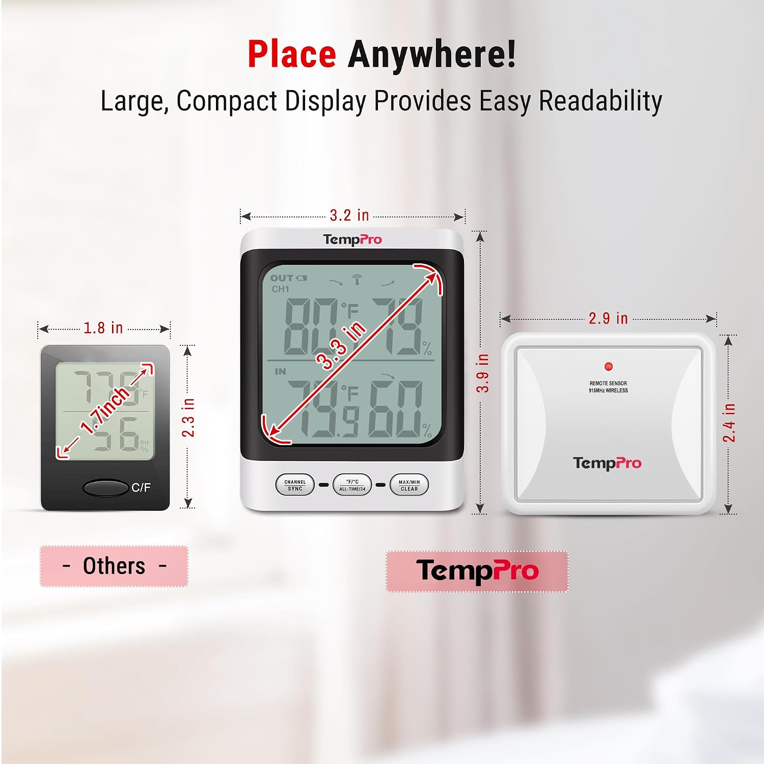 Thumbnail 4 de TempPro TempAir PLUS TP62B Wireless Indoor/Outdoor Thermometer, 500 ft, 3.3-Inch Backlit LCD